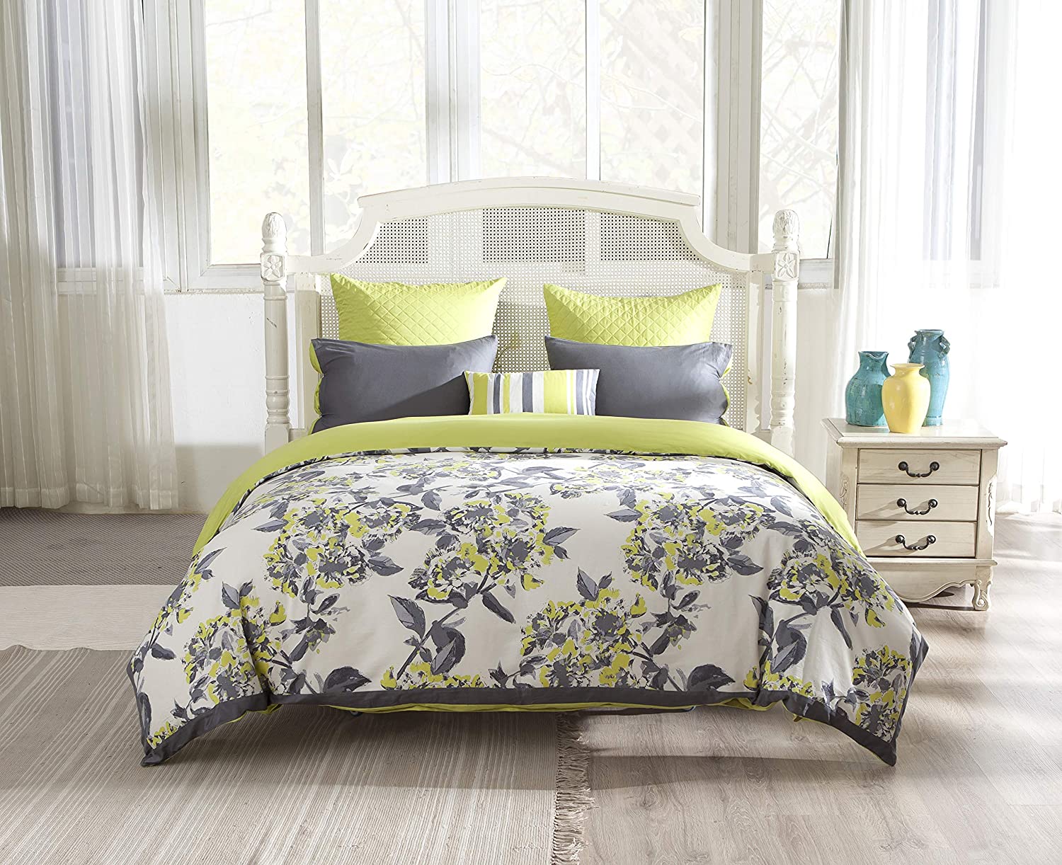 Price:$166.03 Etta Floral Print Duvet Set, King, Grey-Citrus-Green : Home & Kitchen