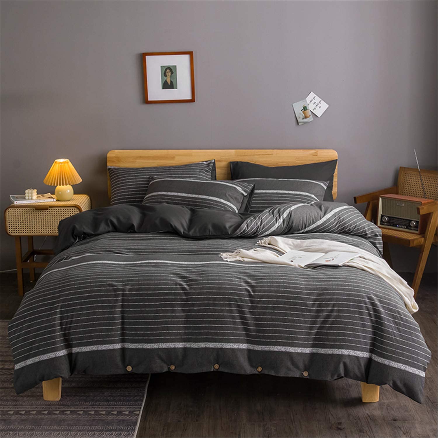 Price:$33.99 BBSET 3 Pcs Striped Duvet Cover Sets with Button, Microfiber Comforter Cover Lightweight Soft Quilt Cover(Pinstripe&Dark Grey, Queen,3 PCS) : Home & Kitchen