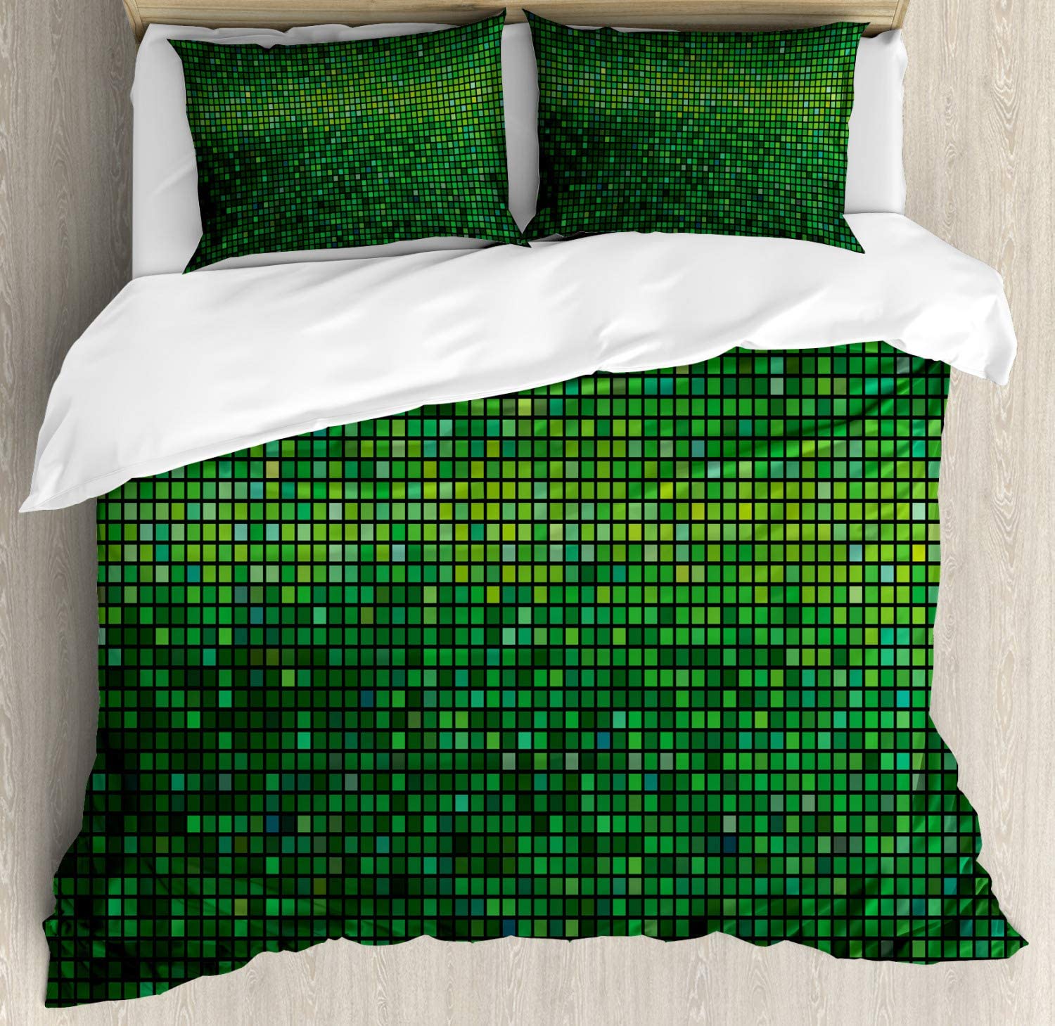 Price:$79.95 Green Duvet Cover Set, Abstract Vibrant Square Pixel Mosaic Design Geometric Technology Theme Digital Grid Print, Decorative 3 Piece Bedding Set with 2 Pillow Shams, Queen Size, Green : Home & Kitchen