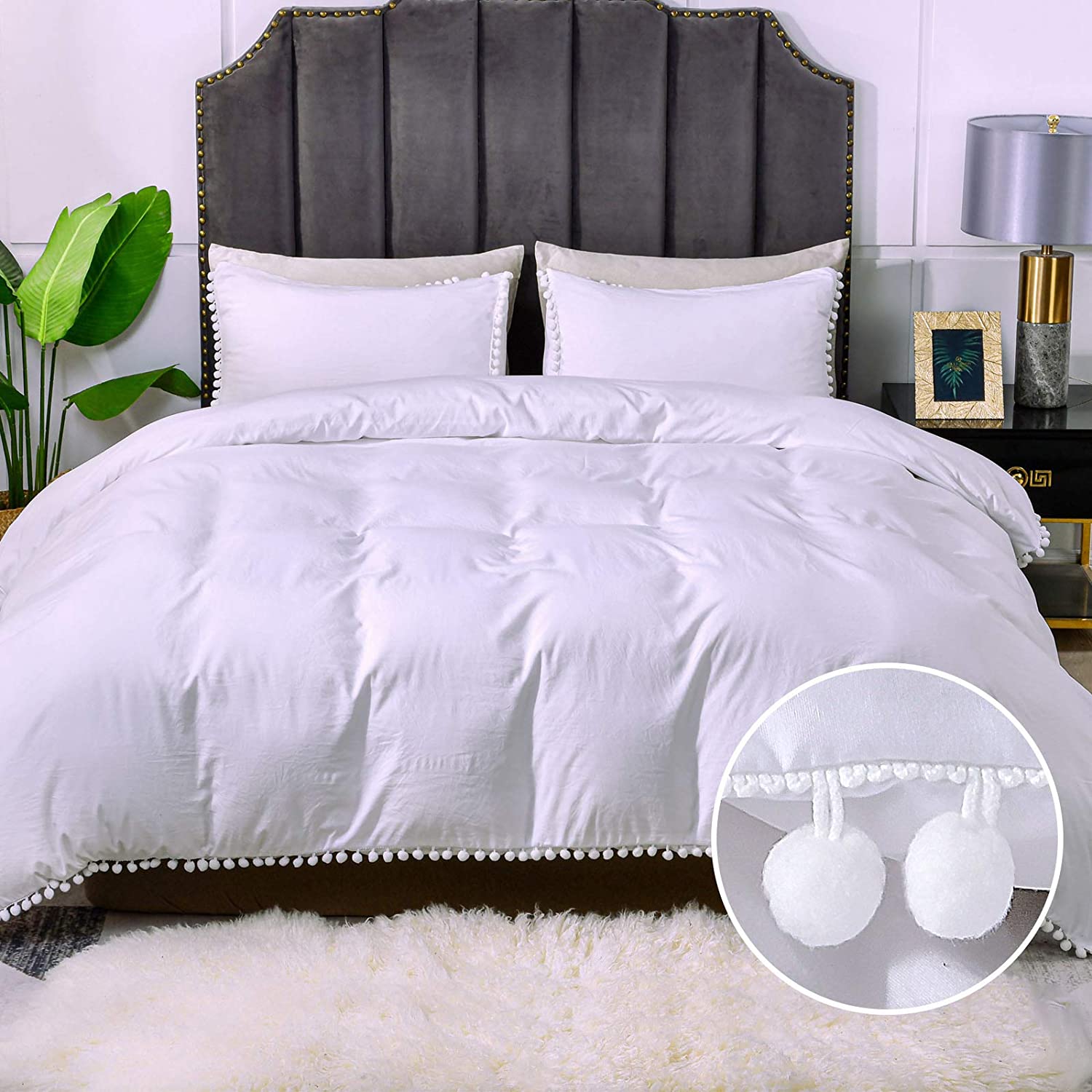 Price:$34.99 Pom Pom Fringe Duvet Cover Set, 3-Piece Christmas Duvet Cover Set Queen Size(90"x90"), Soft Microfiber Comforter Cover Set, Solid Bohemian Bedding Cover Set with Zipper Closure,Corner Ties : Home & Kitchen