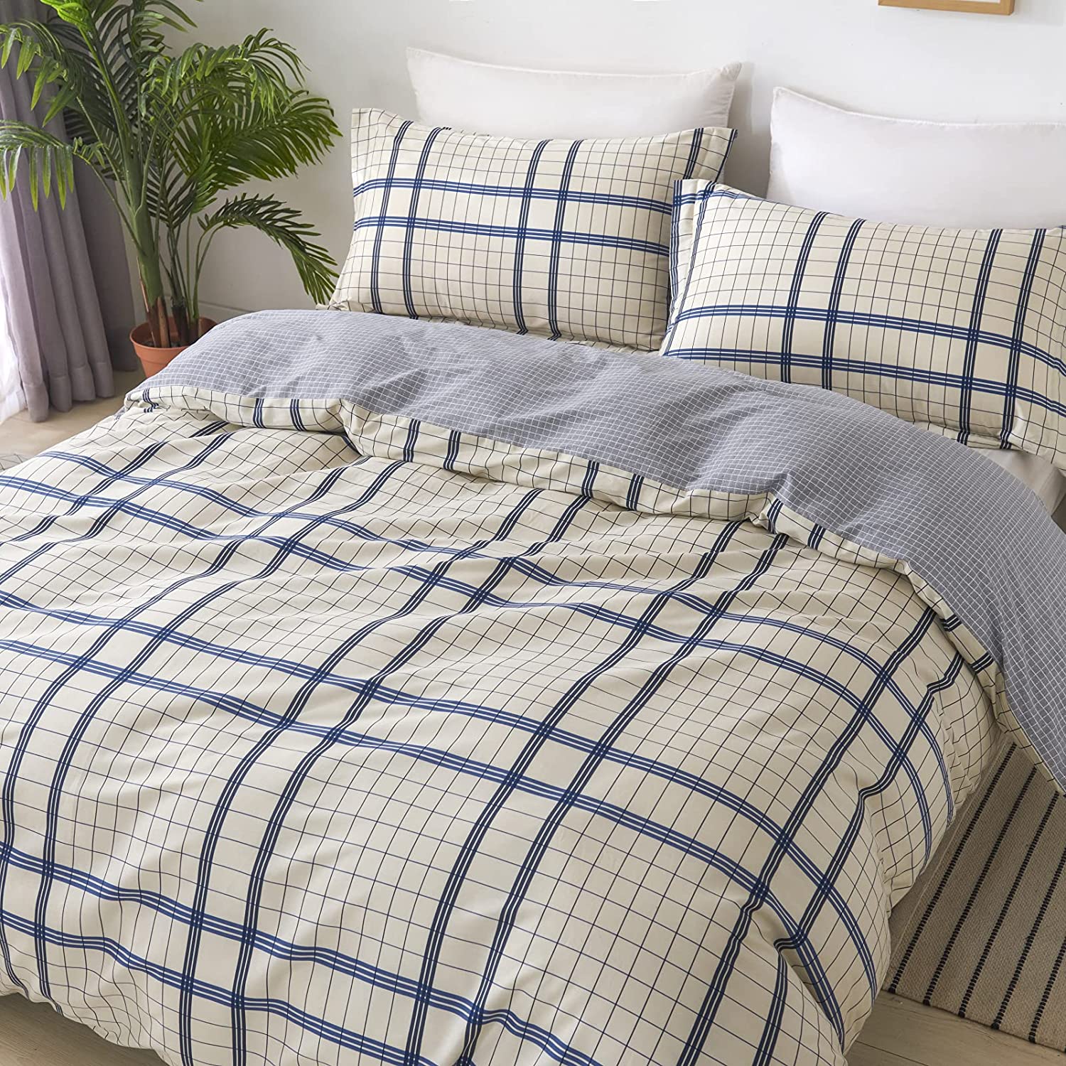 Price:$79.90 Designer Buffalo Checker Plaid Bedding Set Queen Size Cotton Beige Grey Blue Checkered Bedding Duvet Cover Set 3-Piece (No Comforter Included) : Home & Kitchen