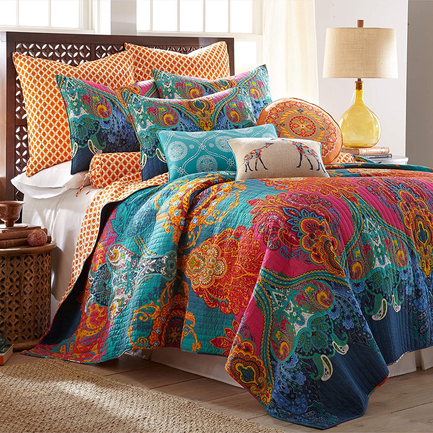 Price:$139.99 Home - Mackenzie Quilt Set - Full/Queen Quilt (88x92in.) + Two Standard Pillow Shams (26x20in.) - Bohemian - Teal, Orange, Yellow, Green, Blue - Reversible - Cotton Fabric : Home & Kitchen