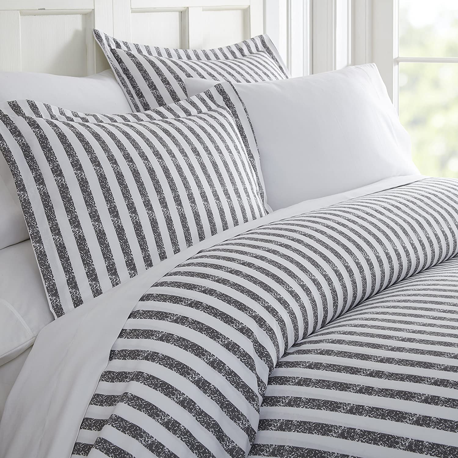 Price:$38.82 Cameron Printed Rugged Stripes Patterned 3 Piece Duvet Cover Set, Queen, Gray : Home & Kitchen