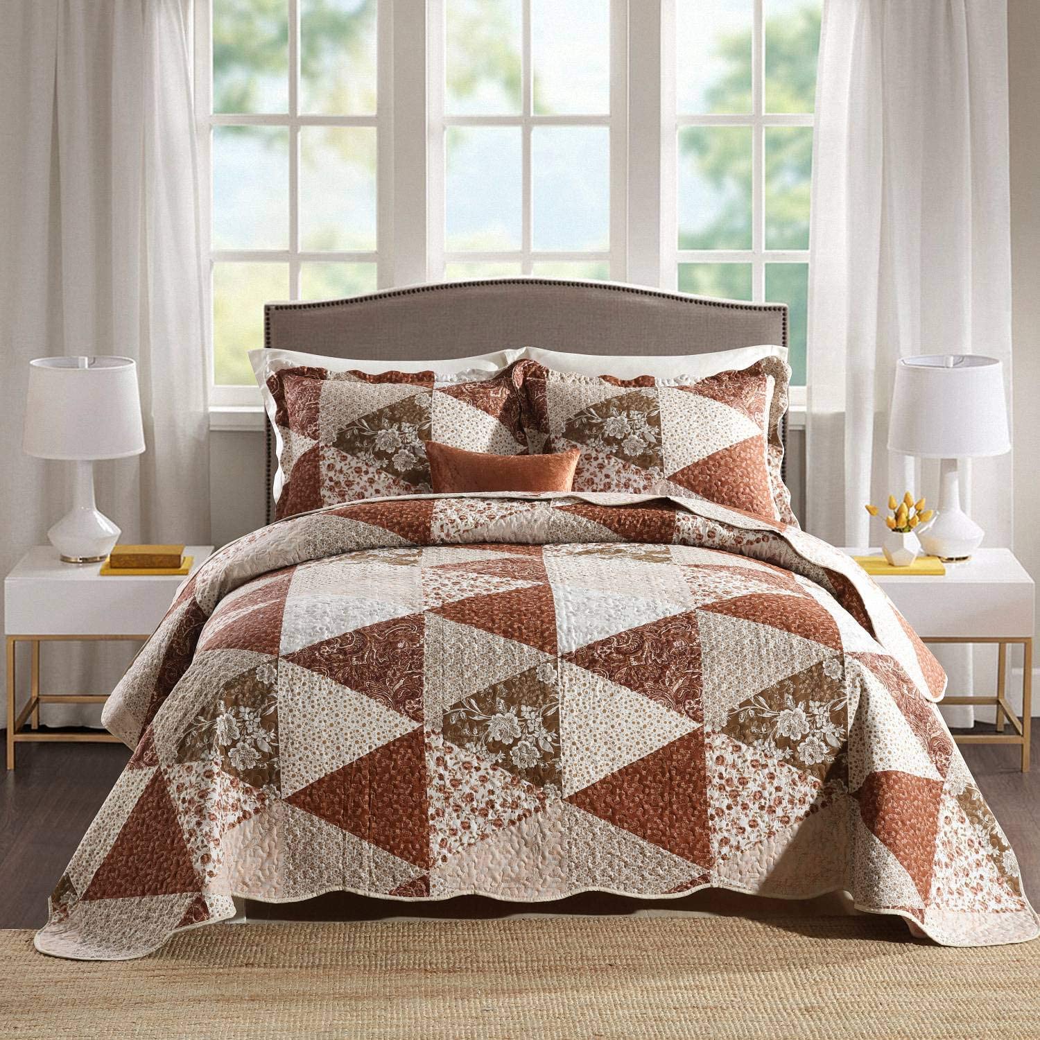 Price:$48.99 Quilt Set King Size - 3 Piece Microfiber Quilts Reversible Bedspreads Patchwork Coverlets Floral Bedding Set All Season Quilts with Triangle and Floral Print Pattern : Home & Kitchen