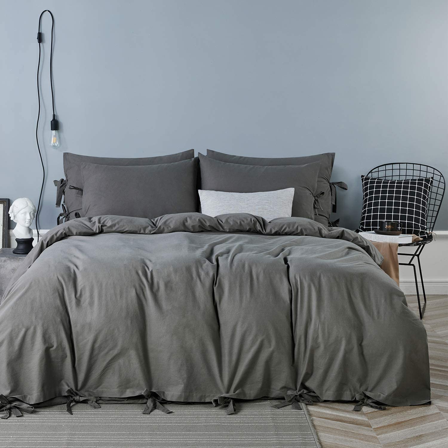 Price:$52.99 100% Grey Washed Cotton Butterfly Bow tie Duvet Cover Set King, 3 Pieces Ultra Soft Bowknot Comforter Cover : Home & Kitchen