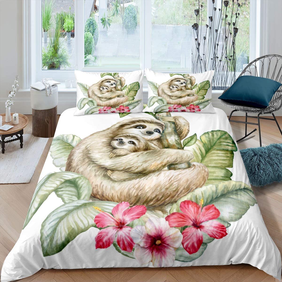 Price:$39.90 Sloths Tropical Leaves Comforter Cover Set Sloth Mother and Baby Bedding Set for Kids Boys Girls Cute Animal Duvet Cover Lovely Bedspread Cover Bedroom Collection 3Pcs Full Size : Home & Kitchen