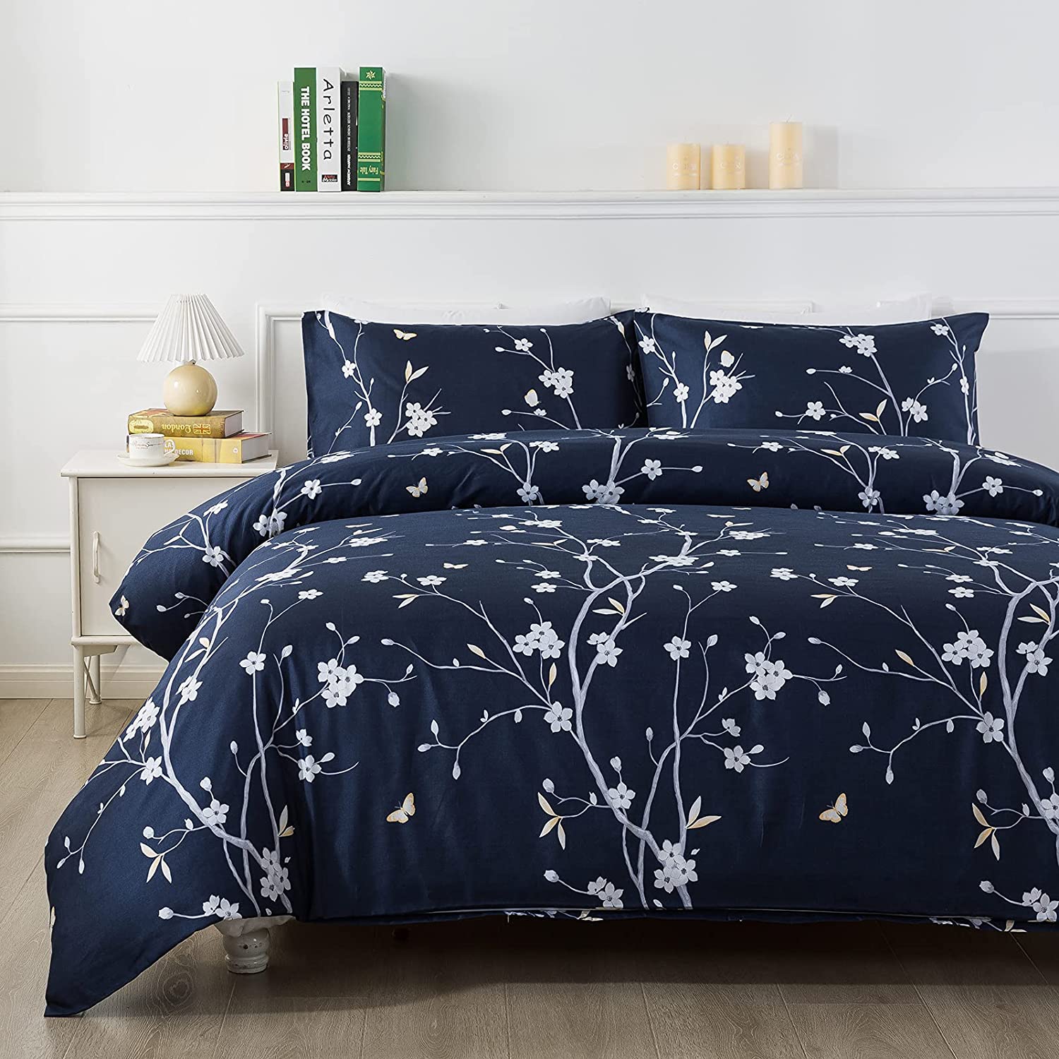Price:$23.90 Tree Duvet Cover Set Full/Queen Size 3 Piece 100% Microfiber Light- Weight Black Blue Flower Leaf Butterfly Print Bedding Zipper Corner Ties : Home & Kitchen