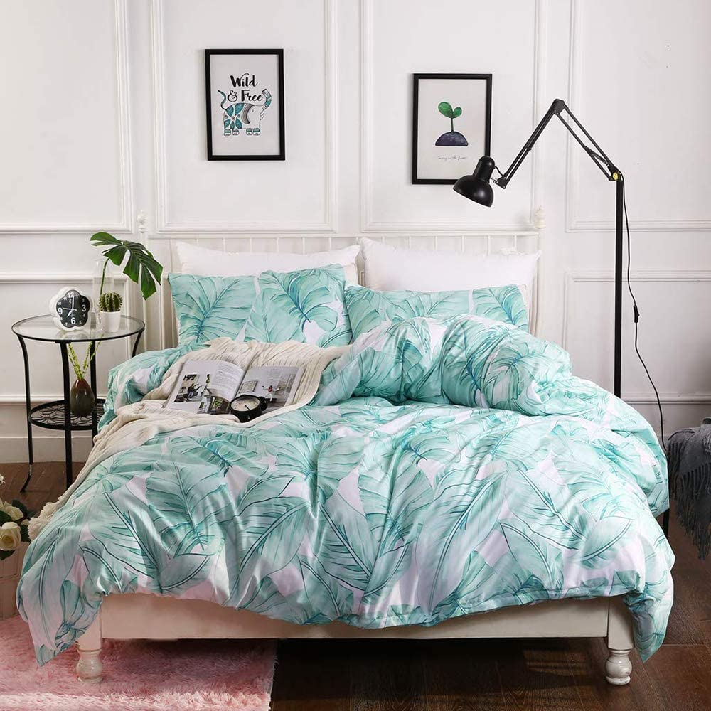Price:$17.49 Green Duvet Cover King Size - Tropical Palm and Banana Leaves Pattern Duvet Cover Set (1 Comforter Cover + 2 Pillow Shams) Lightweight Soft Microfiber - Farmhouse Bedding with Zipper & Ties : Home & Kitchen