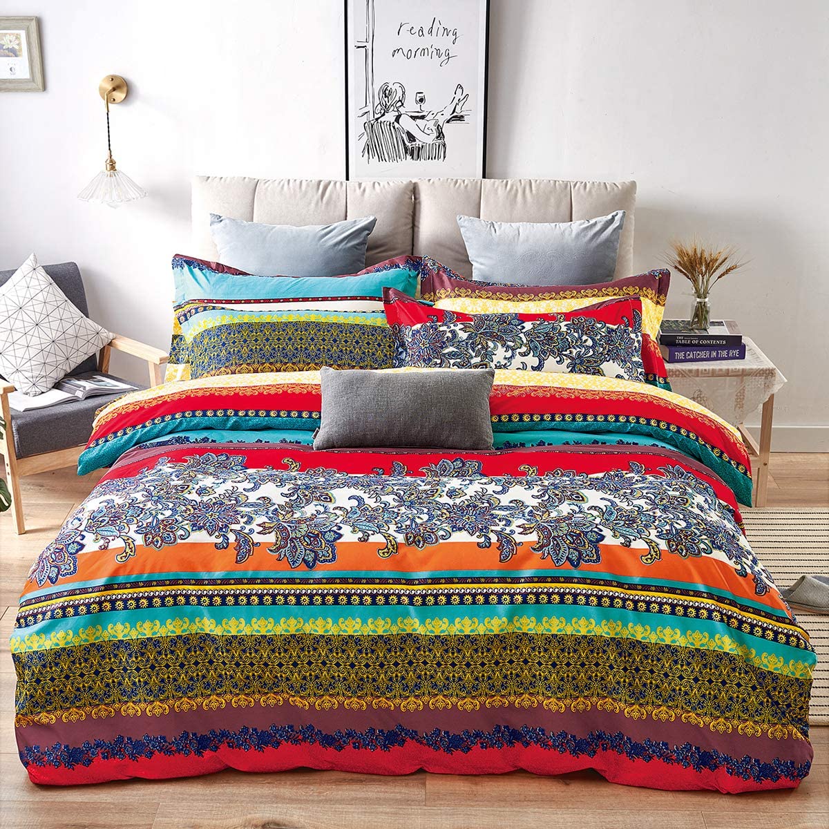 Price:$24.99 Retro Striped Bedding Duvet Cover Set (3 Pcs) 100% Soft Microfiber Double Duvet Cover Southwestern Indian Tribal Bohemian Reversible Comforter Cover Exotic Style Decor Adults Girls Queen 90"x90" : Home & Kitchen