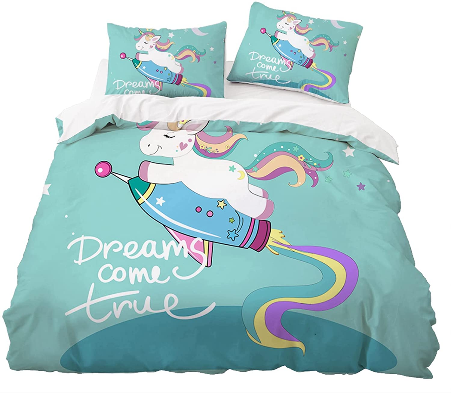 Price:$36.99 Unicorn Duvet Cover Set Queen Size Kids Lovely Unicorn Comforter Cover Sets for Girls Cartoon Little Girl Blue Horse Bedding Sets Rainbow Unicorn Bedding Sets for Teens and Girls : Home & Kitchen