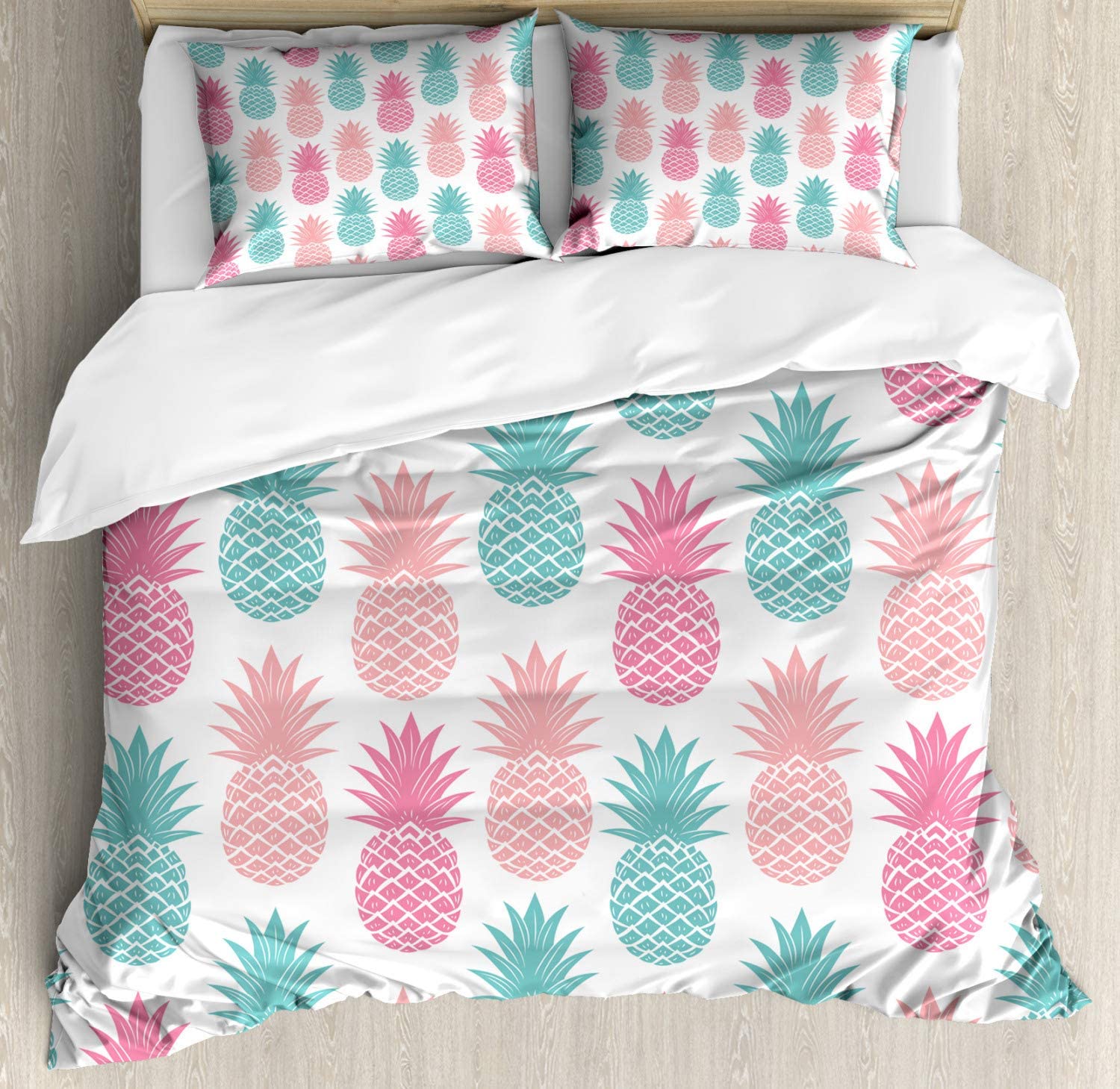 Price:$79.95 Exotic Duvet Cover Set, Retro Style Colorful Tropical Pineapple Pattern Hawaiian Fruits Ornate Illustration, Decorative 3 Piece Bedding Set with 2 Pillow Shams, Queen Size, Almond Green : Home & Kitchen