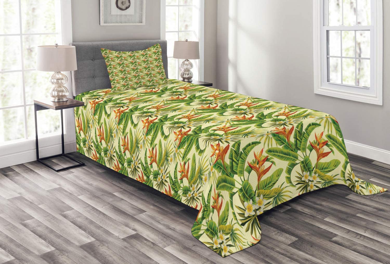Price:$27.99 Tropical Bedspread, Exotic Plumeria Flowers and Palm Tree Leaves on Cream Background Hawaiian Flora, Decorative Quilted 2 Piece Coverlet Set with Pillow Sham, Twin Size, Orange Green : Home & Kitchen