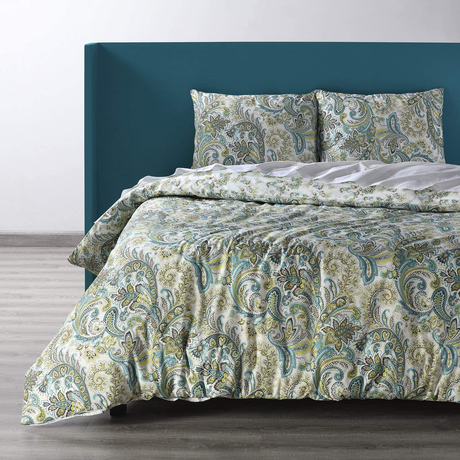 Price:$94.19 Fabrics Furnishings Spindrift Teal and Yellow Cotton Percale Printed Reversible Duvet Cover Set, King : Home & Kitchen
