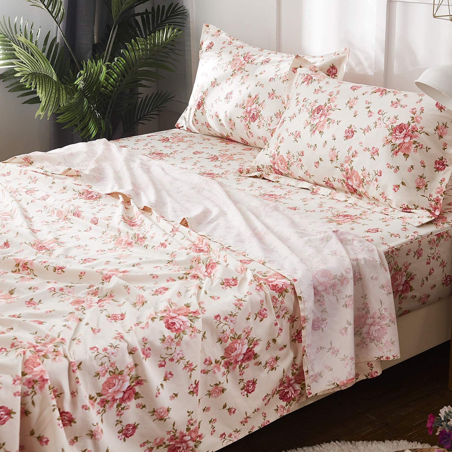 Price:$79.00 Full Size Sheets Cotton Farmhouse Bedding Sets Shabby Floral Luxury Bed Sheet Set Deep Pockets 18 Inch 4-Piece : Home & Kitchen