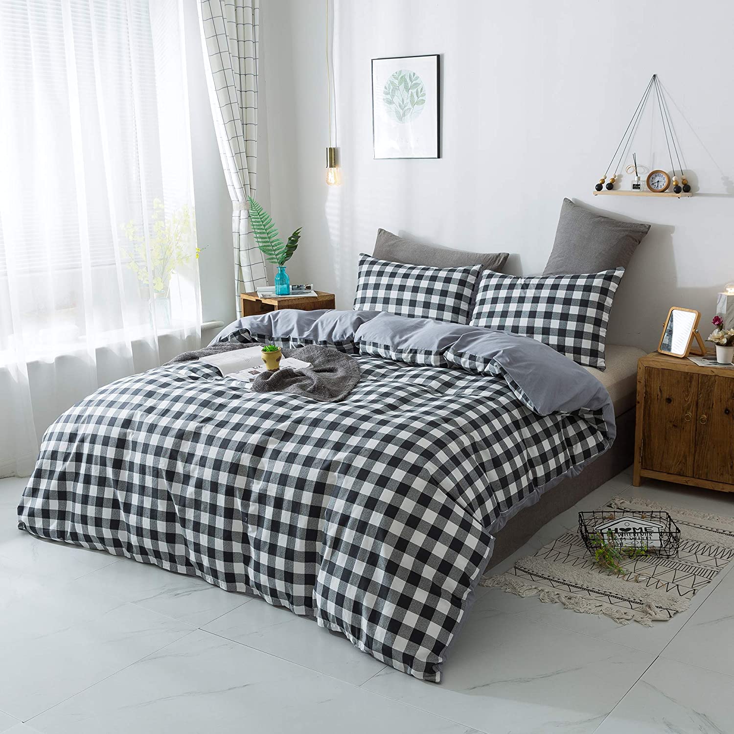 Price:$35.99 Girl Bedding Duvet Cover Sets - 3 Piece (1 Duvet Cover & 2 Pillowcases), Soft Cotton Buffalo Plaid Bedding Set with Zipper Closure Corner Ties for Women Men Teen, Black/Gray/White, King : Home & Kitchen