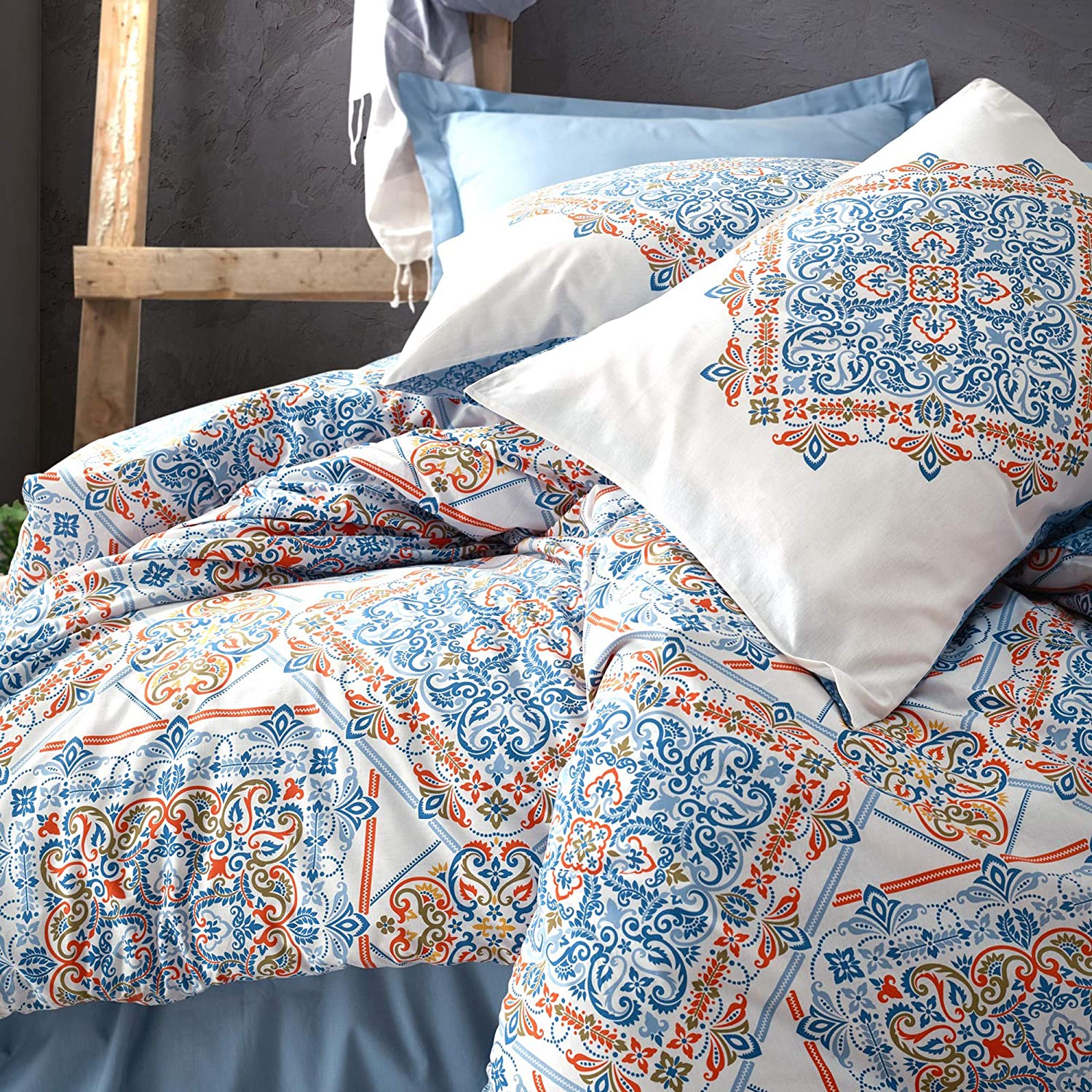 Price:$99.99 Blue Pattern Duvet Cover Set, Queen Size Duvet Cover, 1 Duvet Cover, 1 Fitted Sheet and 2 Pillowcases - Hypoallergenic, Iron Safe, Breathable Bedding Set, Machine Washable : Home & Kitchen