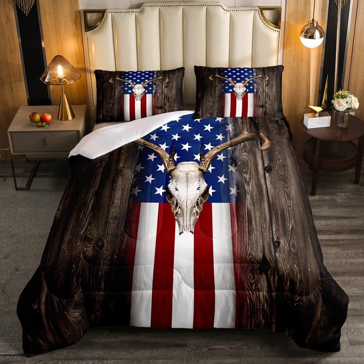 Price:$59.99 Antlers Bedding Set Queen Size American Flag Comforter Set Halloween Gothic Duvet Set Wildlife Animals Room Decorative Brown Wooden Comforter Set for Kids Boys Teens : Home & Kitchen