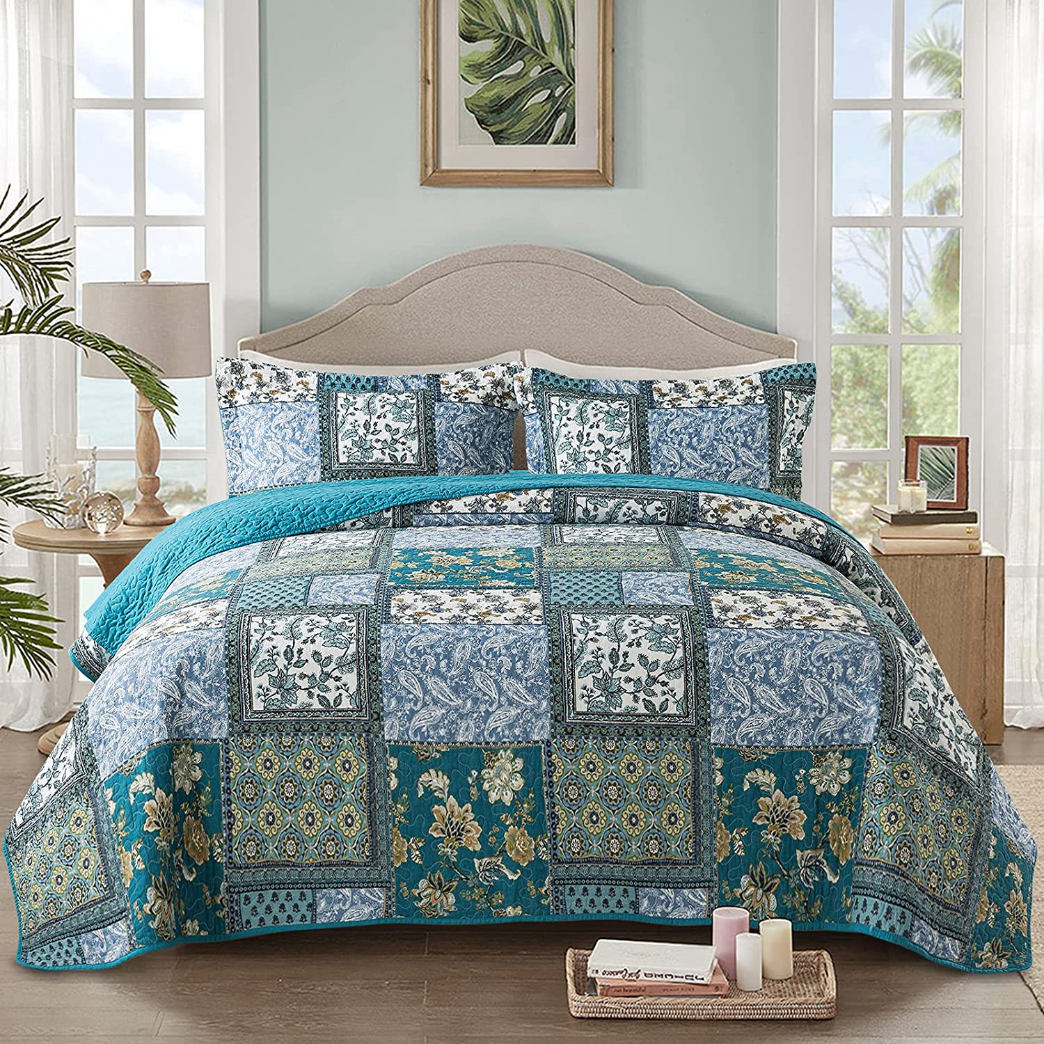 Price:$75.89 Cotton Bedspread Quilt Sets-Reversible Patchwork Coverlet Set, Chic Floral Paisley Pattern, Queen Size : Home & Kitchen