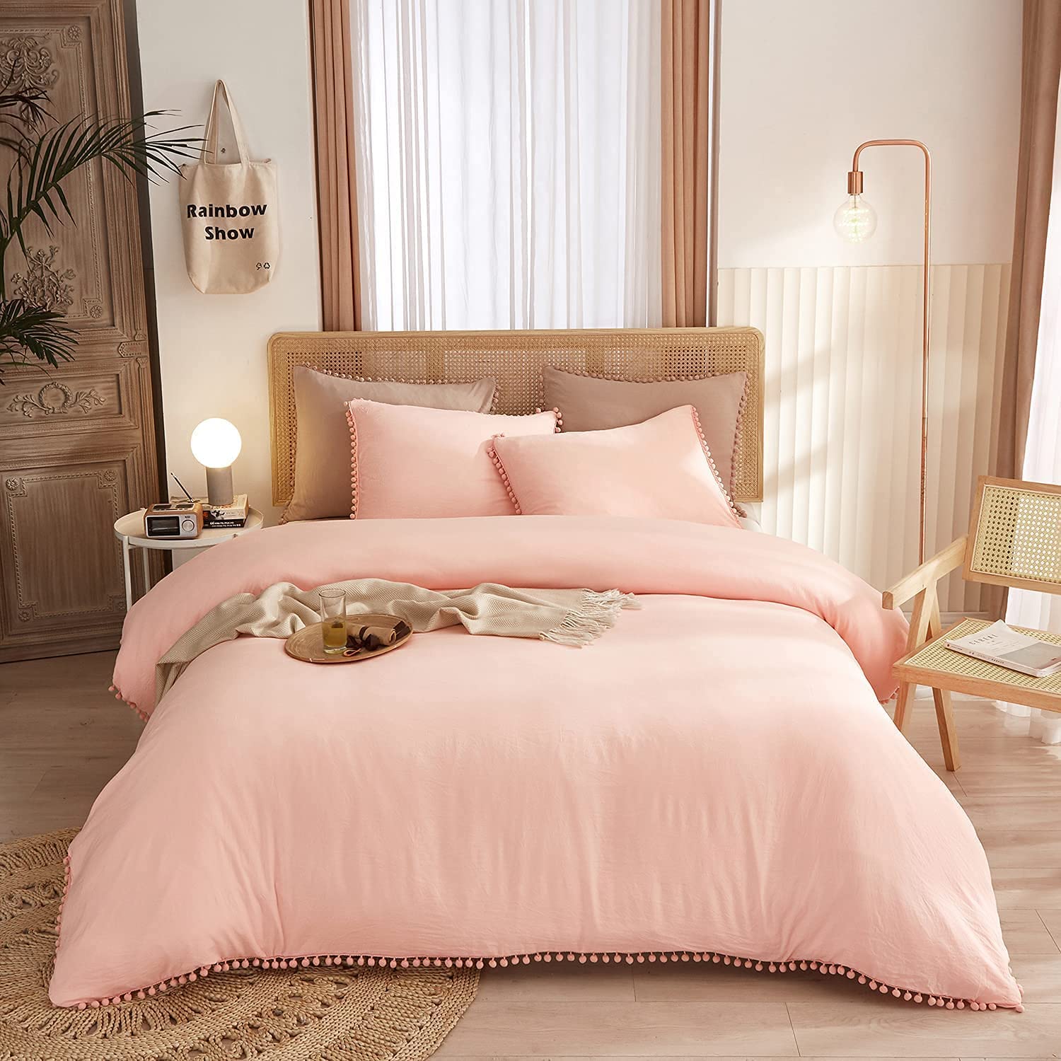 Price:$32.99 Pink Pom Duvet Cover Queen Size - 3 Piece Boho Bohemian Farmhouse Microfiber Comforter Cover Set - Soft and Lightweight Quilt Cover, Pink Pompom : Home & Kitchen