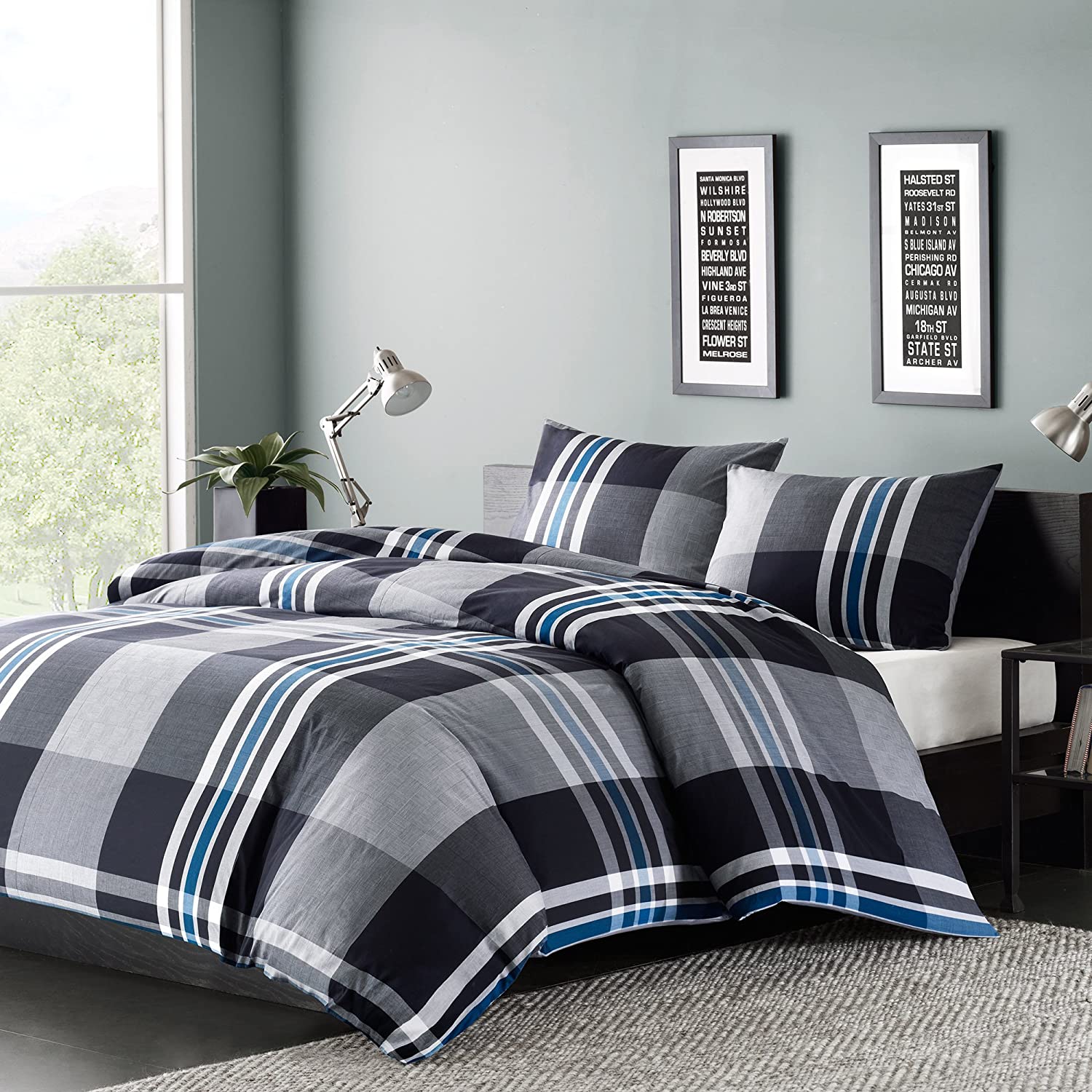 Price:$59.99 Nathan Teen Boys Duvet Cover Twin Size - Grey , Plaid – 2 Piece Teen Boy Bedding – 100% Cotton Yarn Lightweight Duvet Cover Set : Home & Kitchen