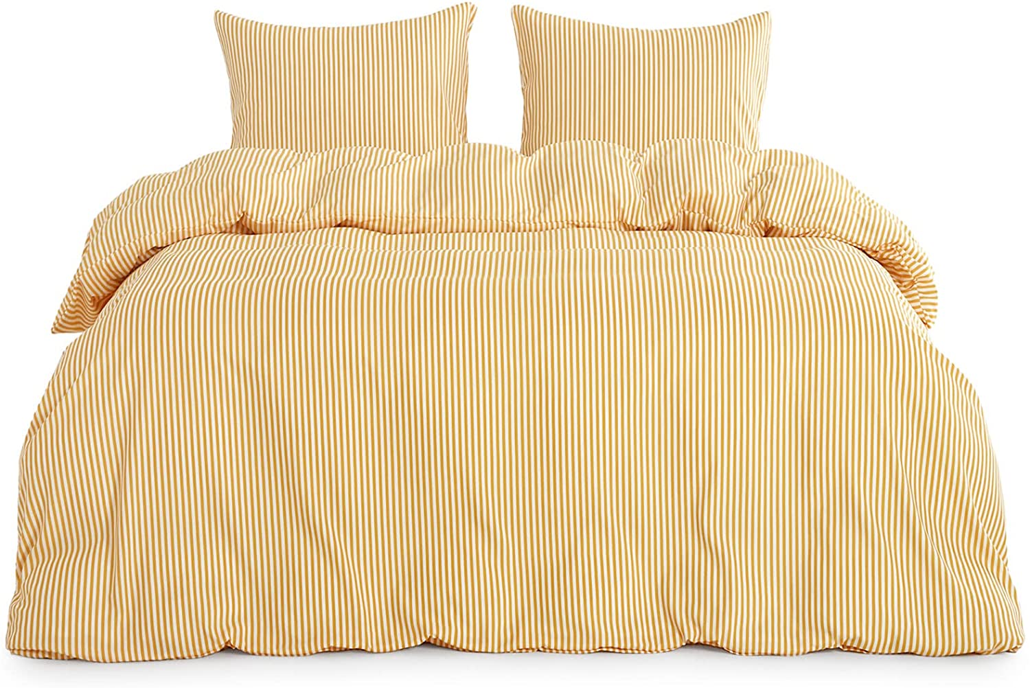 Price:$52.99 In Cloud - Striped Duvet Cover Set, Mustard Yellow with White Pin Stripes Ticking Pattern Printed, Soft Microfiber Bedding (3pcs, King Size) : Home & Kitchen