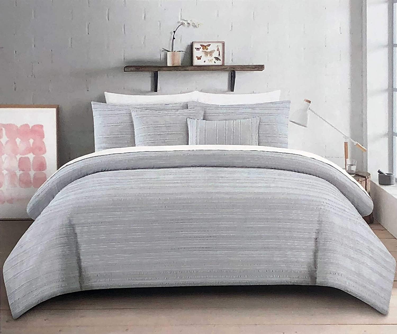Price:$124.99 Texture Collection 3pc Duvet Cover Set White Embroidered Threads & Fringed Jacquard Stripes on Light Gray (Queen) : Home & Kitchen
