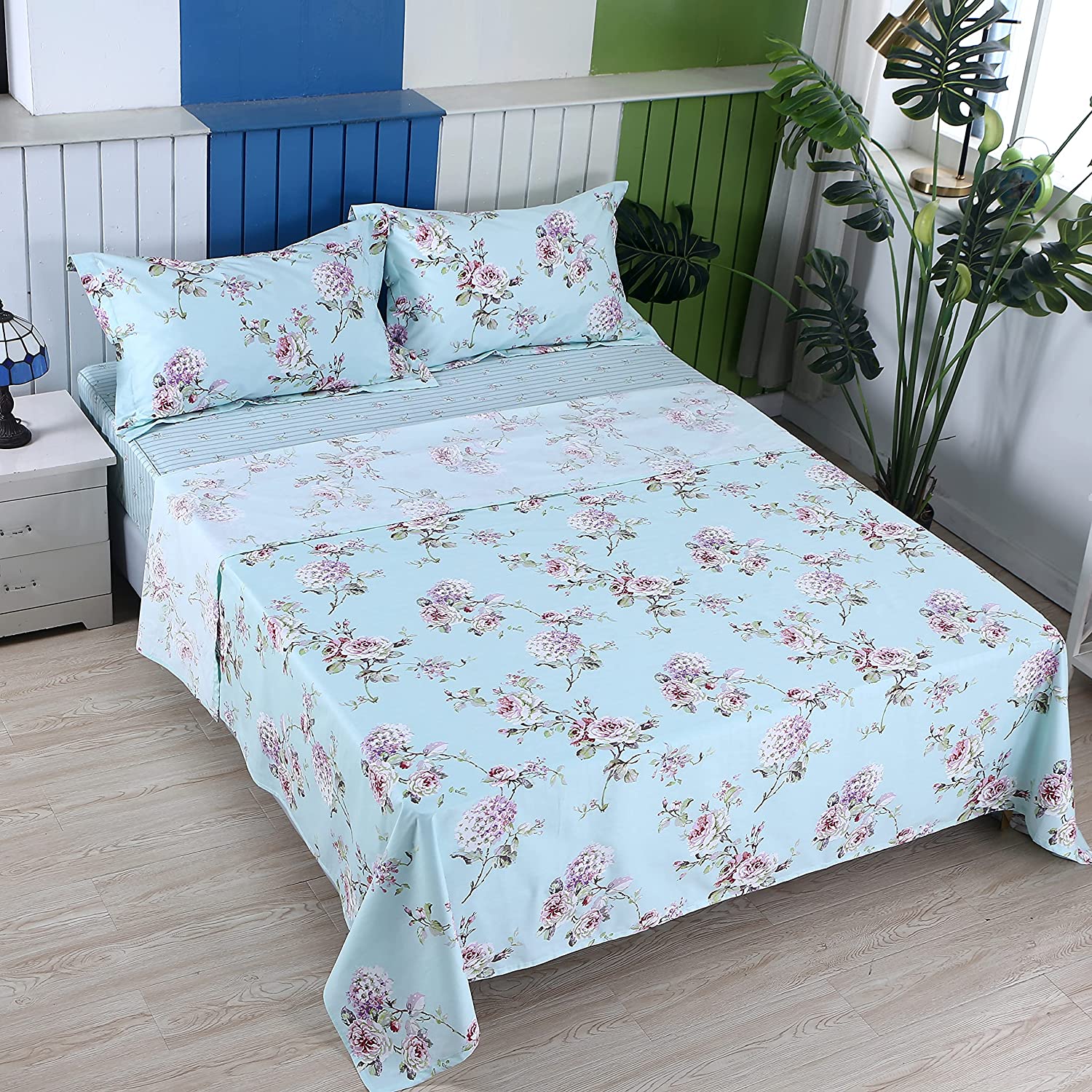 Price:$155.00 French Country Bedding Set 7 Piece Queen Size Hydrangea Flower Sheet Set Blue Floral and Striped Premium 100% Cotton Soft Shabby Vintage Chic Deep Pocket, Queen : Home & Kitchen