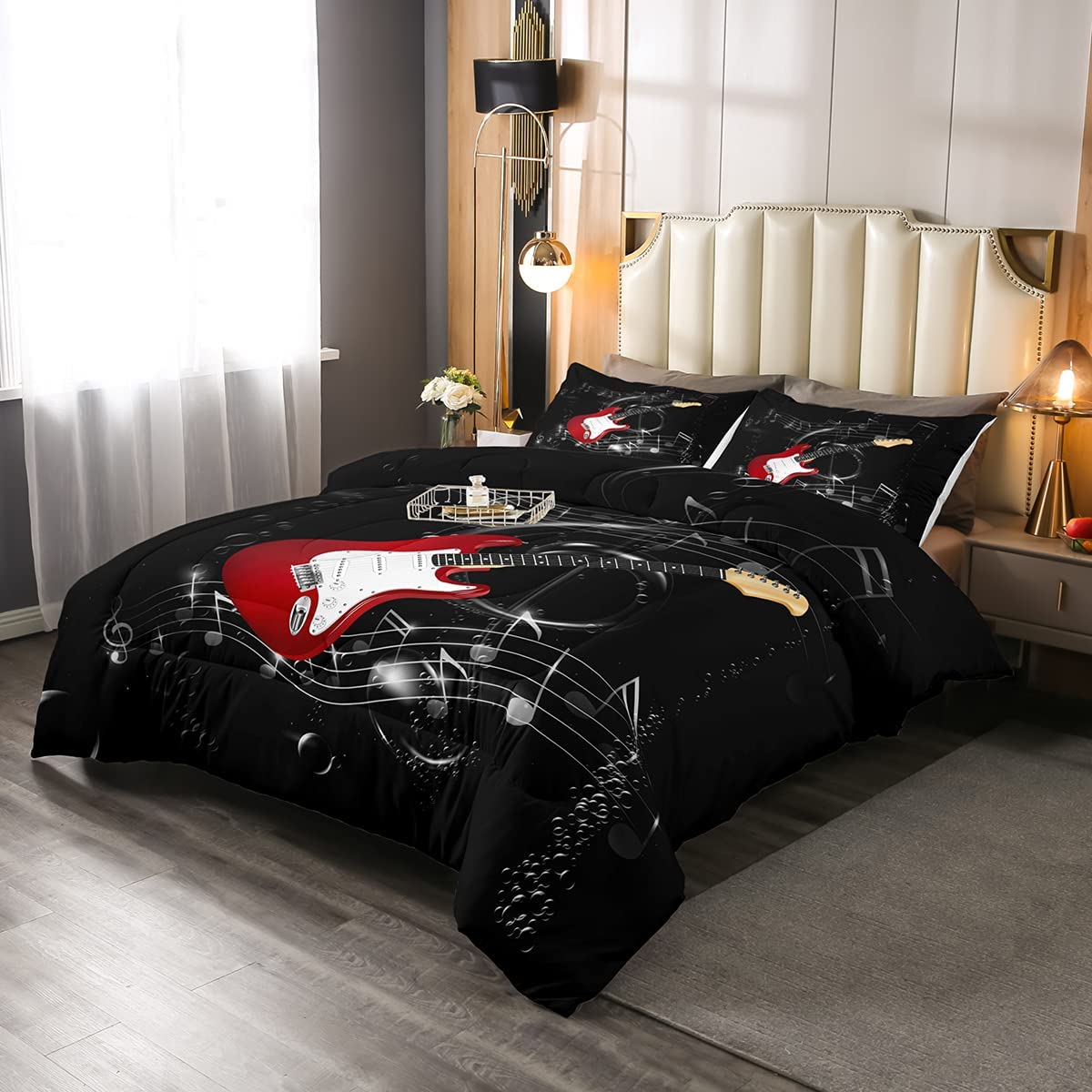 Price:$45.99 Guitar Comforter Set, Teens Musical Note Duvet Sets Twin Size, Music Themed Hip Hop Bedding Set for Kids Boys Youth Adult, Black Lightweight Luxury Down Comforter with 1 Pillow Cases : Home & Kitchen