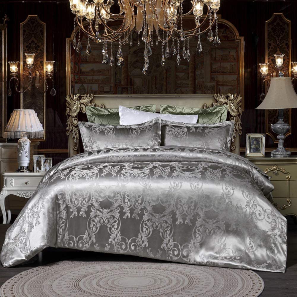 Price:$37.68 Satin Jacquard Duvet Cover Set,Gorgeous European Floral Pattern Bedding Sets Silver Grey 3 Pieces Bedspread Full MB03 : Home & Kitchen