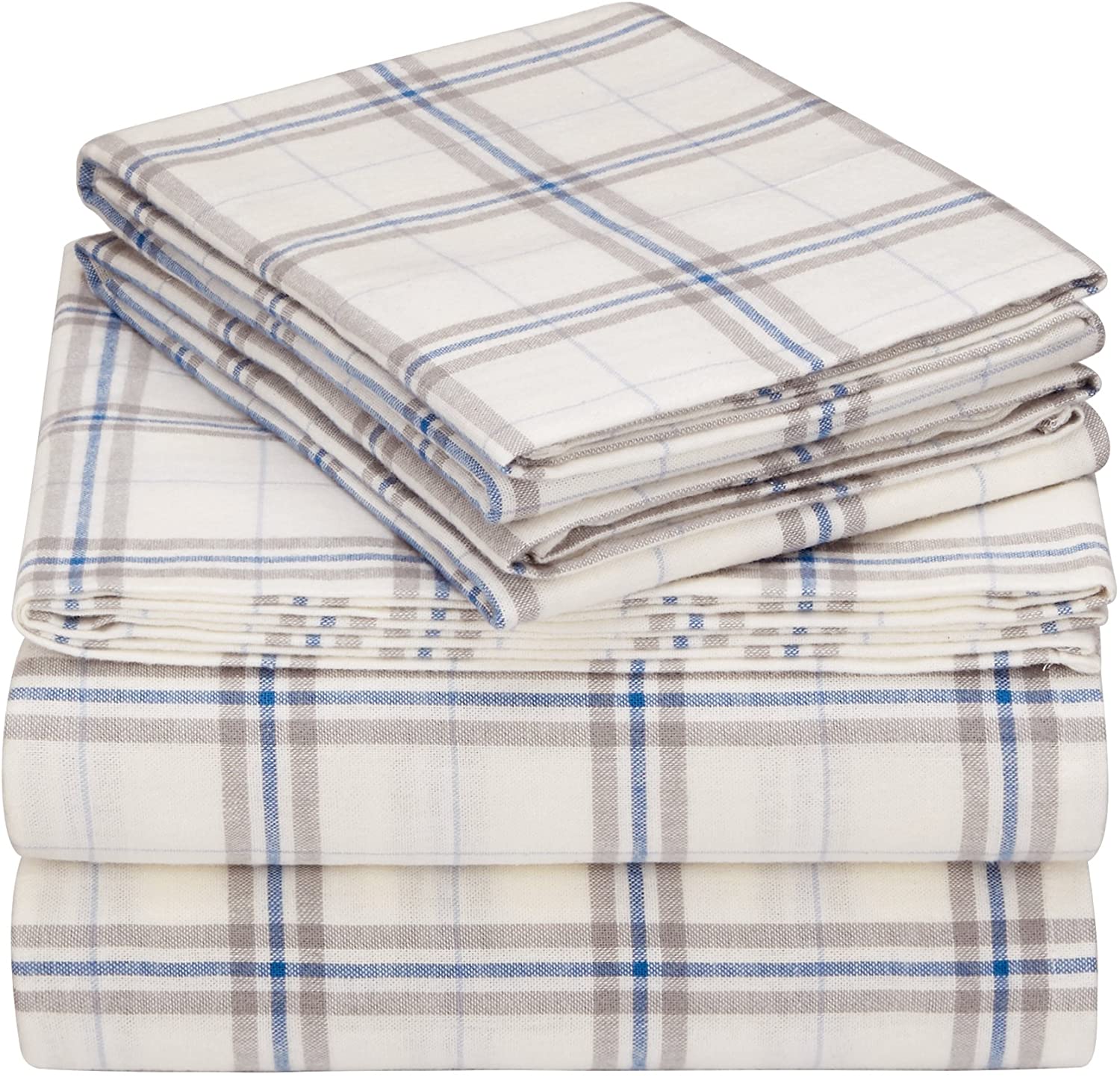 Price:$67.63 Brand – Pinzon 160-Gram Plaid Flannel Cotton Bed Sheet Set, King, Cream / Blue Stripe Plaid : Home & Kitchen