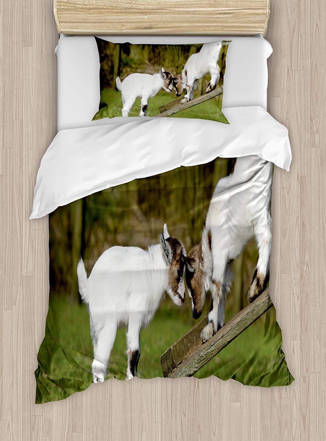 Price:$59.95 Animal Duvet Cover Set, 2 Little Baby Goats on a Bench with Their Horns Picture Image Design, Decorative 2 Piece Bedding Set with 1 Pillow Sham, Twin Size, White Green : Home & Kitchen