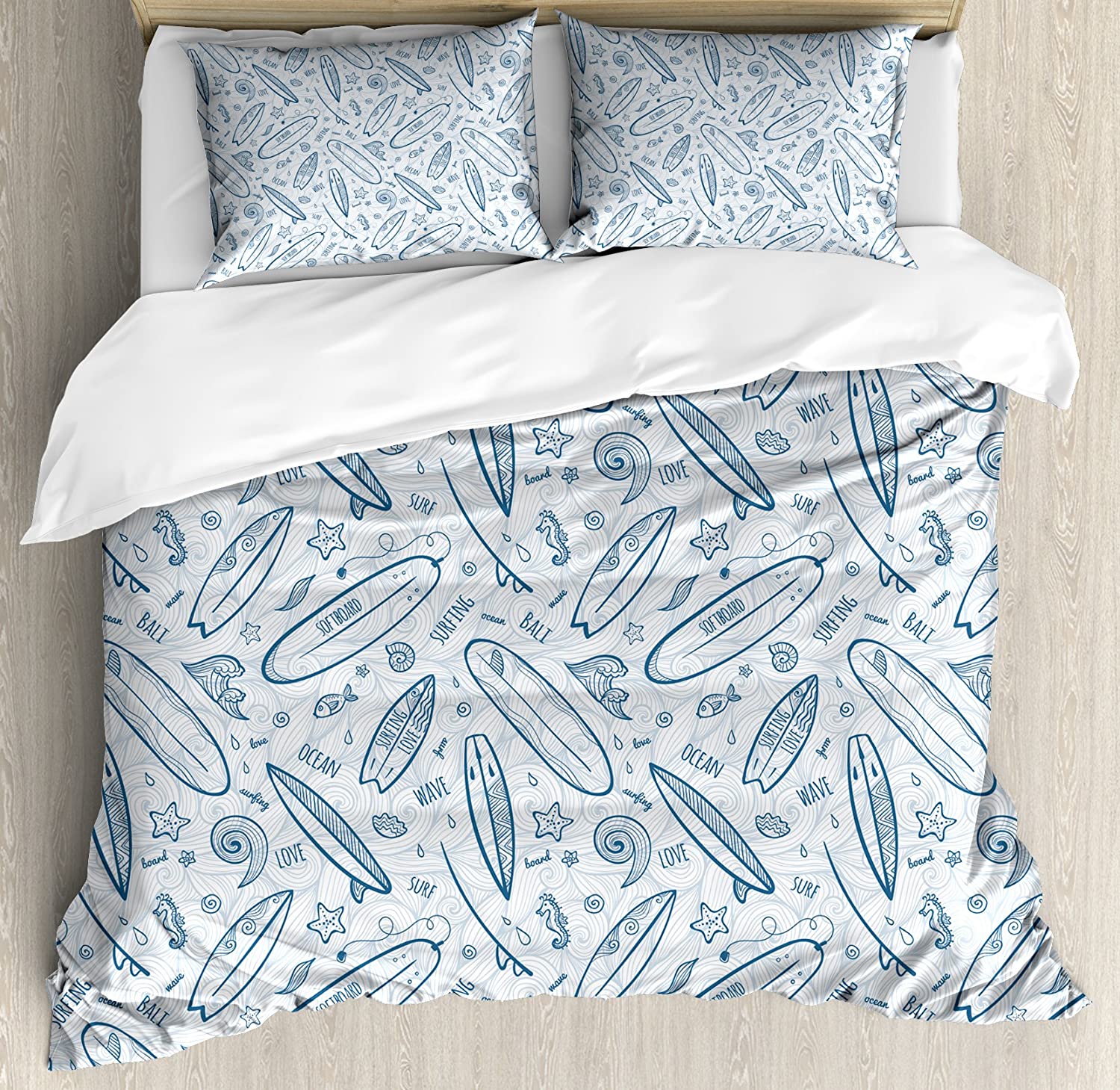Price:$79.95 Surfboard Duvet Cover Set, Doodle Surfing Boards Waves and Starfishes Hawaiian Summer, Decorative 3 Piece Bedding Set with 2 Pillow Shams, Queen Size, Petrol Blue : Home & Kitchen