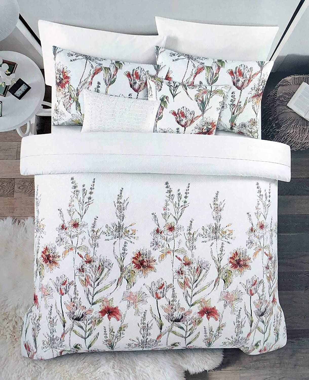 Price:$95.99 Rowley New York 3 Piece Duvet Cover Set Wildflower Floral Pattern in Red Pink Yellow Taupe on White Comforter Quilt Cover Bedding 100% Cotton Luxury, Full/Queen : Home & Kitchen