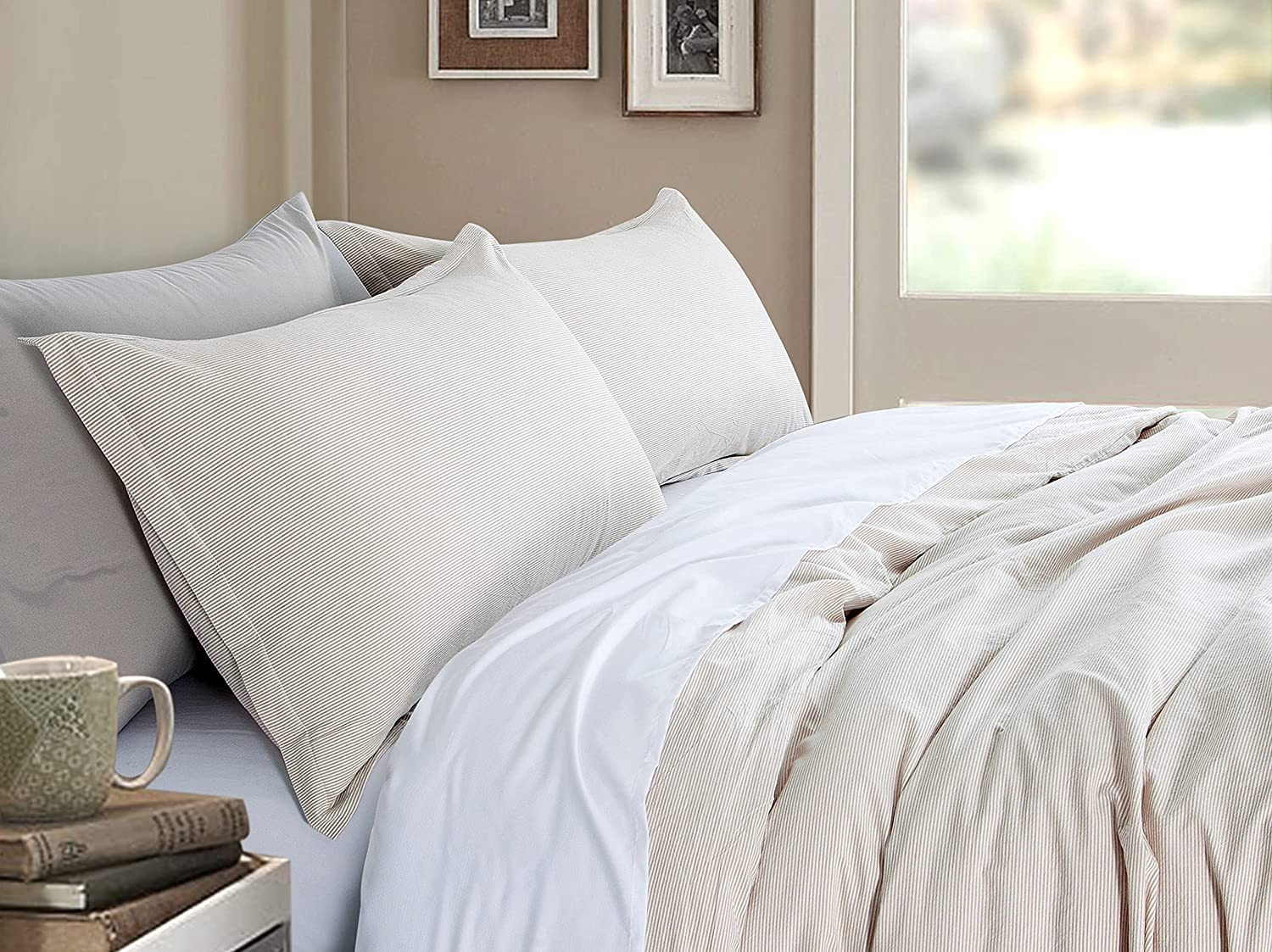 Price:$88.80 Cotton Bengal Pinstripe Chambray Duvet Cover Relaxed Minimal Classical Style Bedding Set Yarn Dyed Natural Classic Striped Pattern Small Banker Stripe (Queen, Ivory Nude) : Home & Kitchen