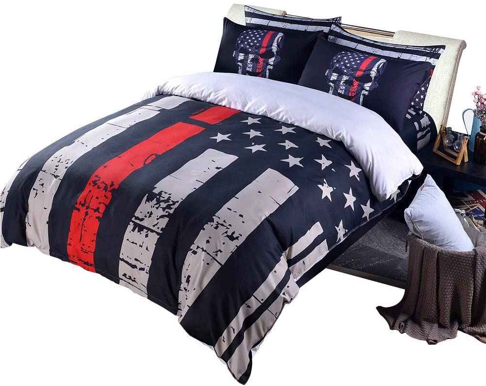 Price:$45.95 Quilts Cover Queen Size, American Flag Duvet Cover Set, 3pcs Bedspreads Queen Size Set, Red Black Valor Patriot Theme Digital Printed Quilt Cover Matching 2 Skull Pillowcases : Home & Kitchen