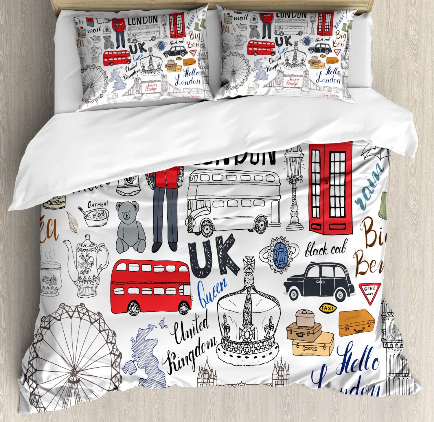 Price:$89.95 Hipster Duvet Cover Set, I Love London Double Decker Bus Telephone Booth Cab Crown of United Kingdom Big Ben, Decorative 3 Piece Bedding Set with 2 Pillow Shams, King Size, White Red : Home & Kitchen