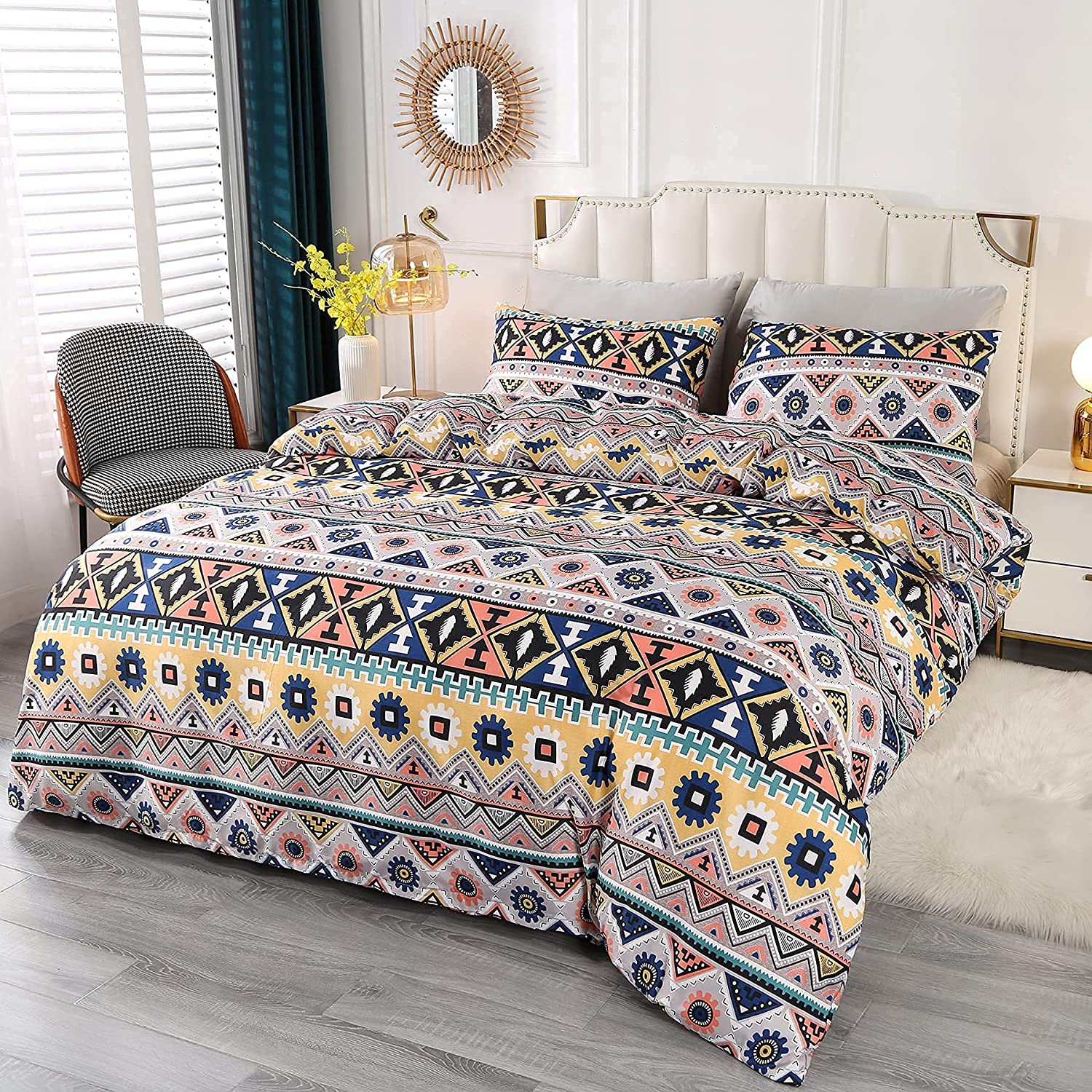Price:$39.99 Duvet Cover Set Queen Size 3 Piece Colorful Bohemian Comforter Cover Set Soft Breathable Durable Bedding Set with Zipper Closure Corner Ties and 2 Pillow Shams : Home & Kitchen