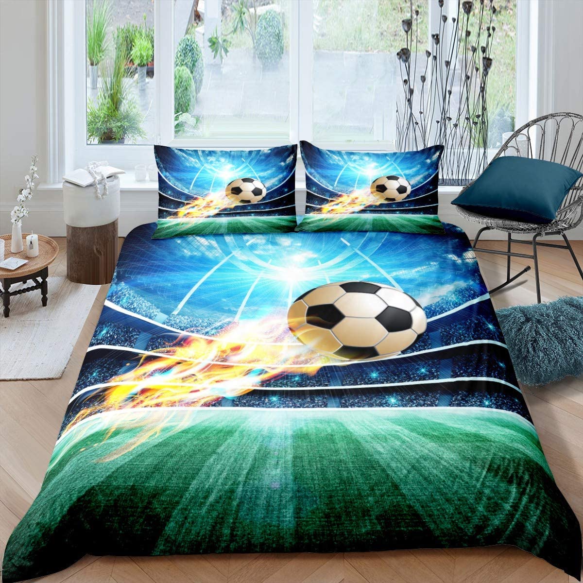 Price:$42.00 Comforter Cover Set 3D Ball Print Sports Competitive Theme Duvet Cover for Kids Boys Girls Burning Soccer Ball Bedding Set Novelty PE Design Bedspread Cover Room Decor 3Pcs Full Size,Zipper : Home & Kitchen