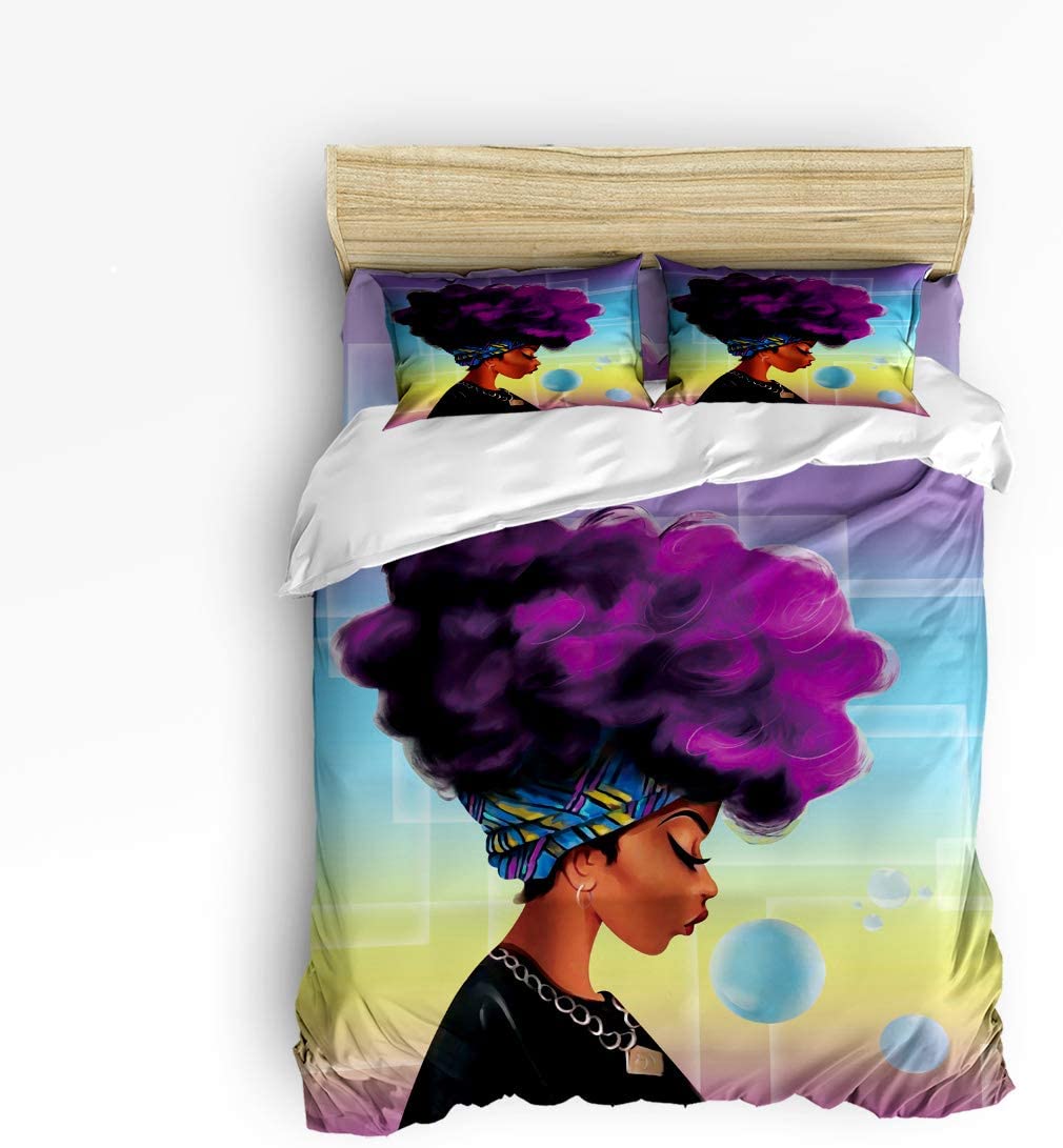 Price:$38.99 Fly Bedding Set Full Size Traditional African Black Women with Purple Hair Afro Hairstyle 3D Print Floral Duvet Cover Set : Home & Kitchen