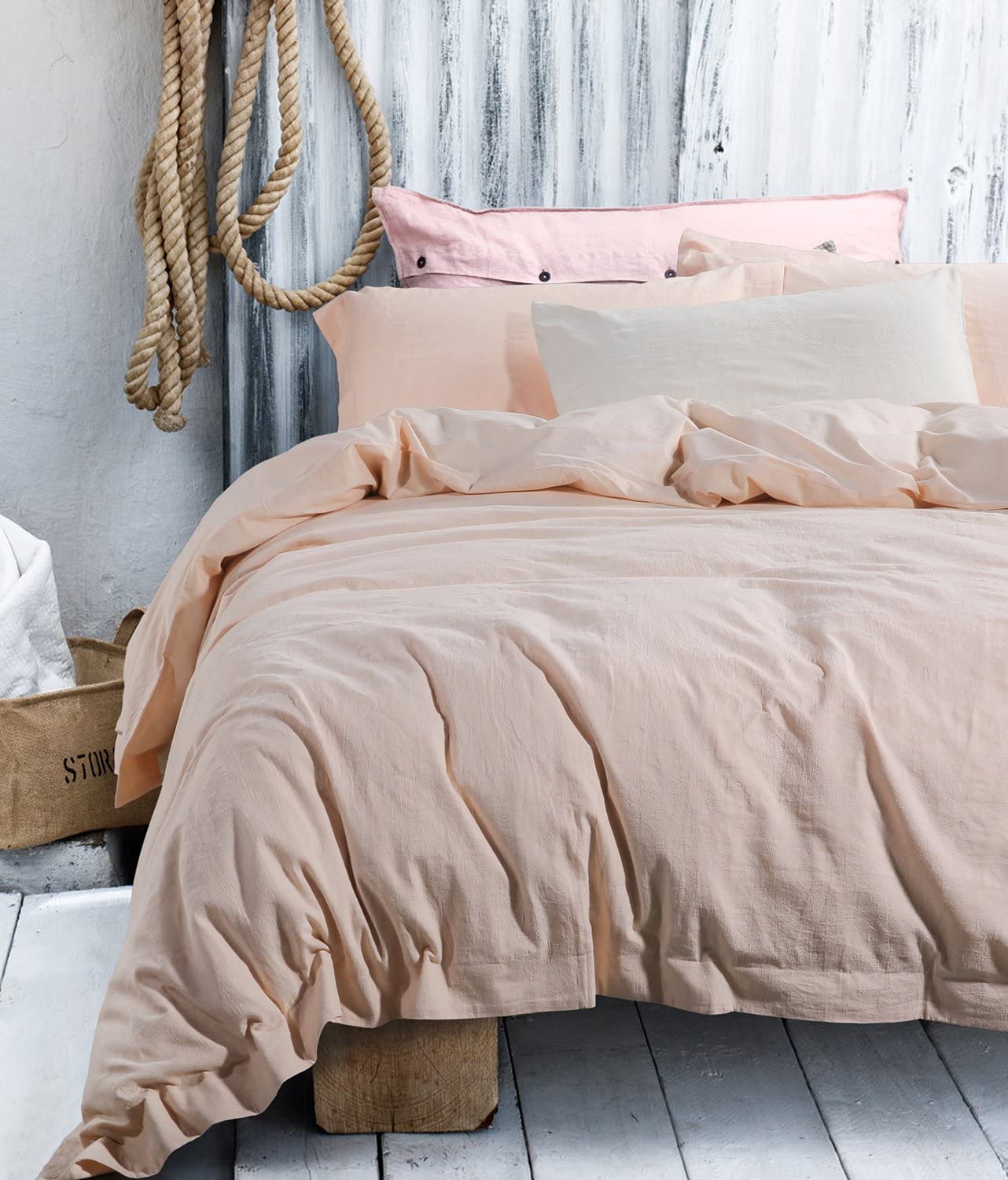 Price:$59.99 Home 100% Washed Cotton, 3pc Duvet Cover Set, Jacquard Solid Design, Simple Gentle, No Inside Filler or Comforter, (Queen, Daphne) : Home & Kitchen