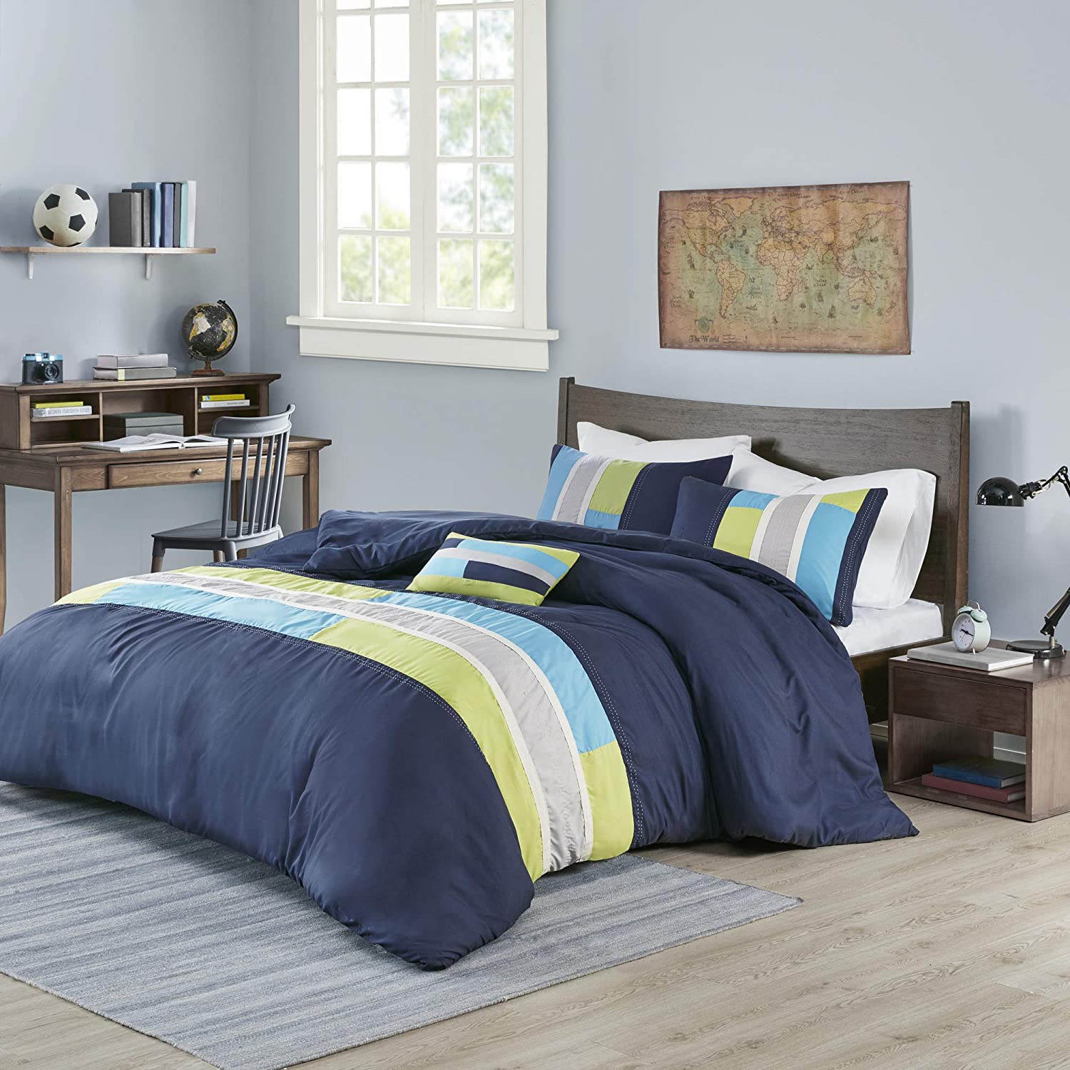 Price:$40.60 ZONE Duvet Modern Casual Vibrant Colorblock Design All Season Comforter Cover Teen Bedding, Boys Bedroom Décor, Full/Queen, Navy 4 Piece : Home & Kitchen