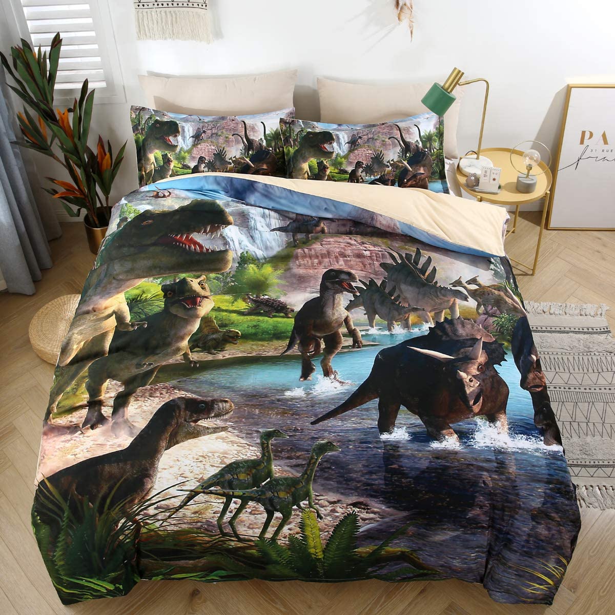 Price:$45.99 Duvet Cover Set 3 Piece Cute Dinosaur Cartoon Bedding Set for Boys Children 3D Printed Bed Linen Queen, NO Comforter (2 Pillowcases) : Home & Kitchen