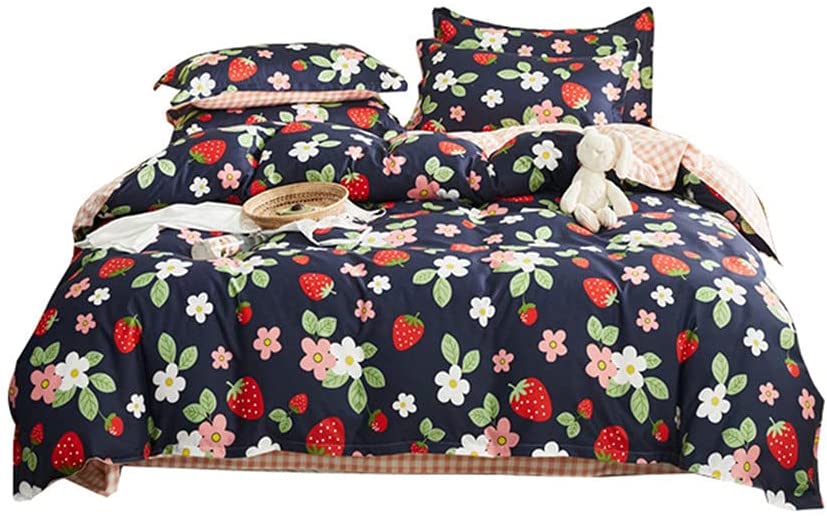 Price:$34.99 (1duvet Cover+2pillowcase+1flat Sheet) Cute Cartoon Flower Duvet Cover Sets Hidden Zipper Kids Strawberry Bedding Set-Queen : Home & Kitchen