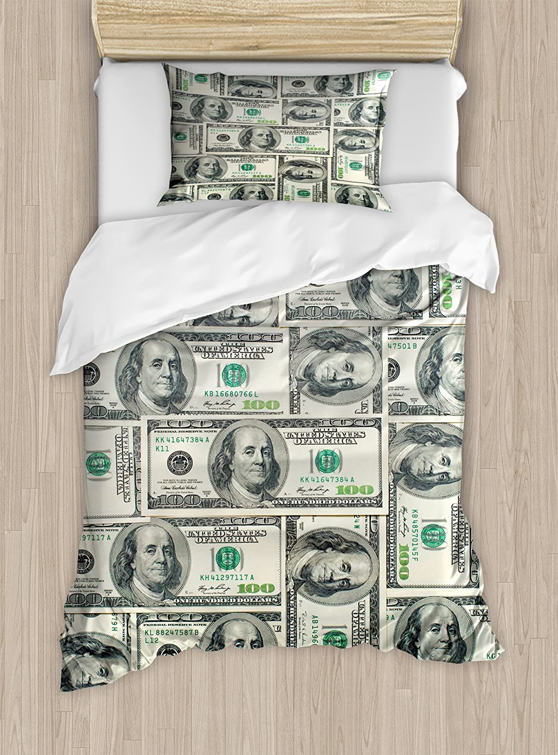 Price:$59.95 Money Duvet Cover Set, Dollar Bills of United States Federal Reserve with The Portrait of Ben Franklin, Decorative 2 Piece Bedding Set with 1 Pillow Sham, Twin Size, Green Grey : Home & Kitchen