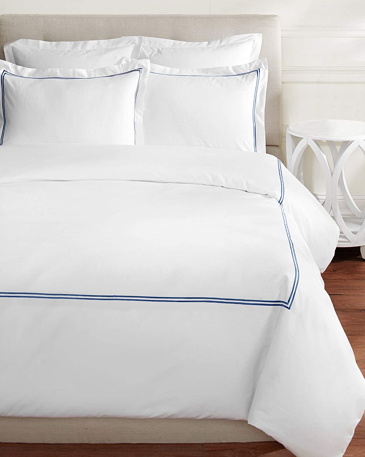 Price:$166.80 Home 600 Thread Count Sateen 100% Cotton 2 Stripe Embroidery Duvet Set, Full/Queen, Navy on White : Home & Kitchen