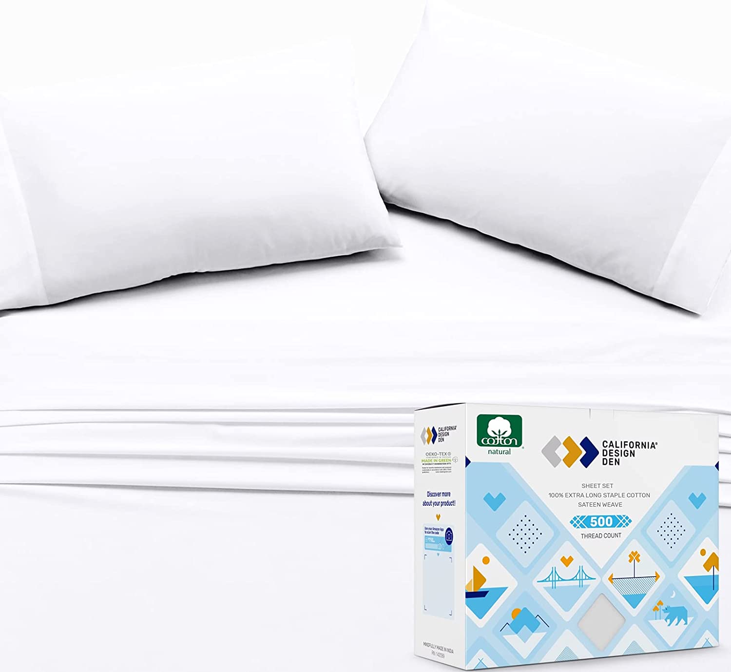 Price:$69.99 Design Den - White King Sheets Set, Soft 100% Cotton Cooling Sheets Deep Pockets Snug Fit Elastic, 500 Thread Count, 4-Pc Bedsheet Set, Beats Egyptian Cotton Claim (Solid - Pure White) : Home & Kitchen