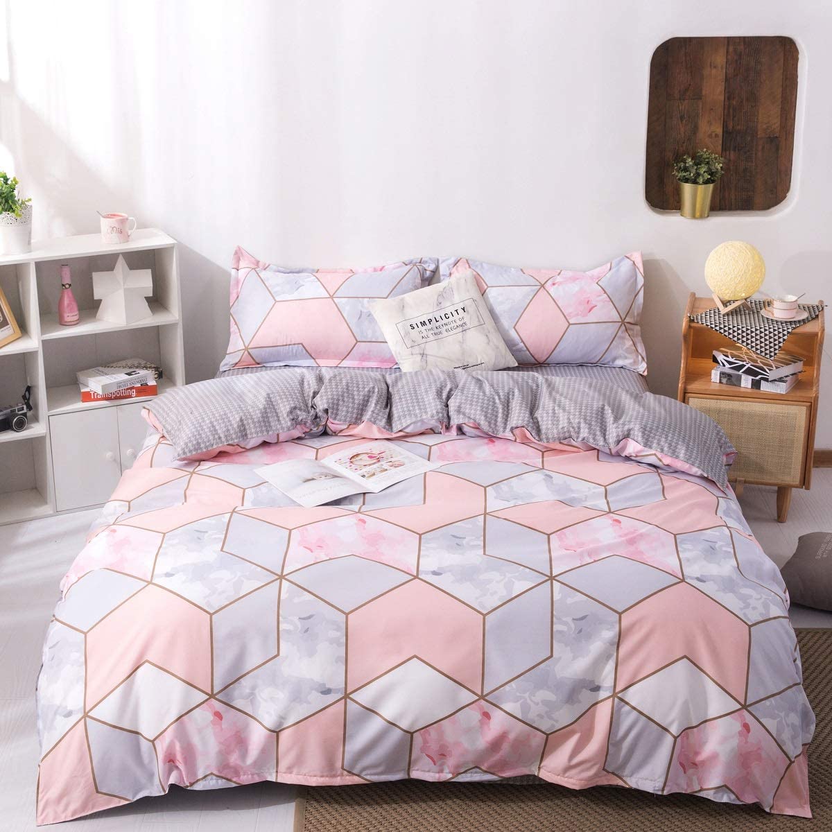Price:$16.00 Cover Set with Zipper Closure no Filling - Pink Grid Quilt Cover King Size - Ultra Soft Washed Comforter Cover with Pillow Shams(Not Including Comforter) : Home & Kitchen