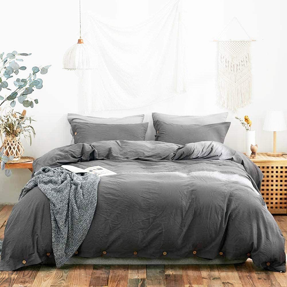 Price:$52.99 100% Washed Cotton Duvet Cover King(104 x 90 inches),3 Pieces Solid Color Soft Breathable Bedding Collection with Buttons Closure Comforter Cover Set(1 Dark Grey Duvet Cover +2 Pillow Cases) : Home & Kitchen