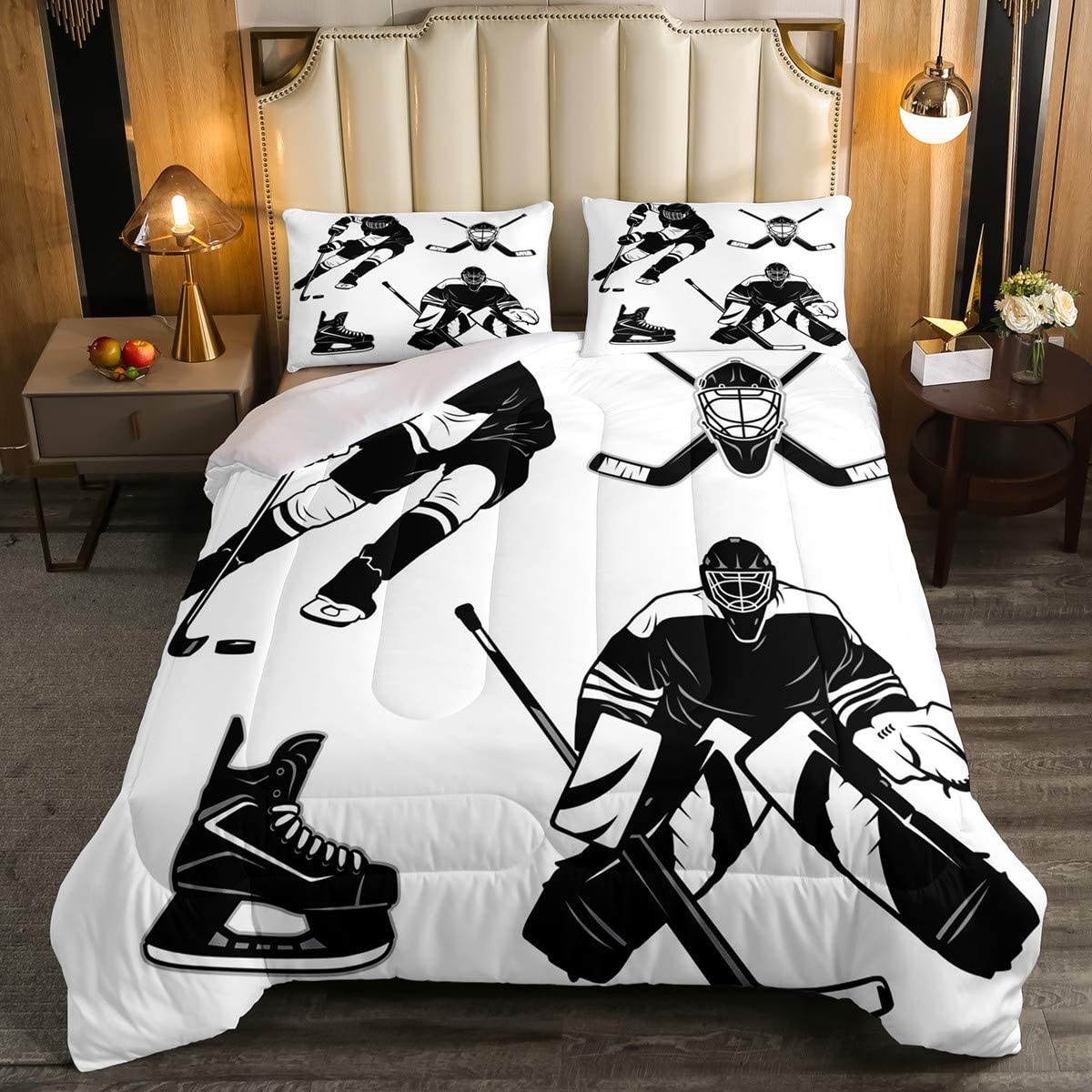 Price:$52.99 Ice Hockey Comforter Set, Ice Hockey Player Bedding Set Full, Winter Sports Game Duvet Set, Black White Quilt Set Cartoon Bedding Comforters for Kids Child Boys Teens Gift : Home & Kitchen