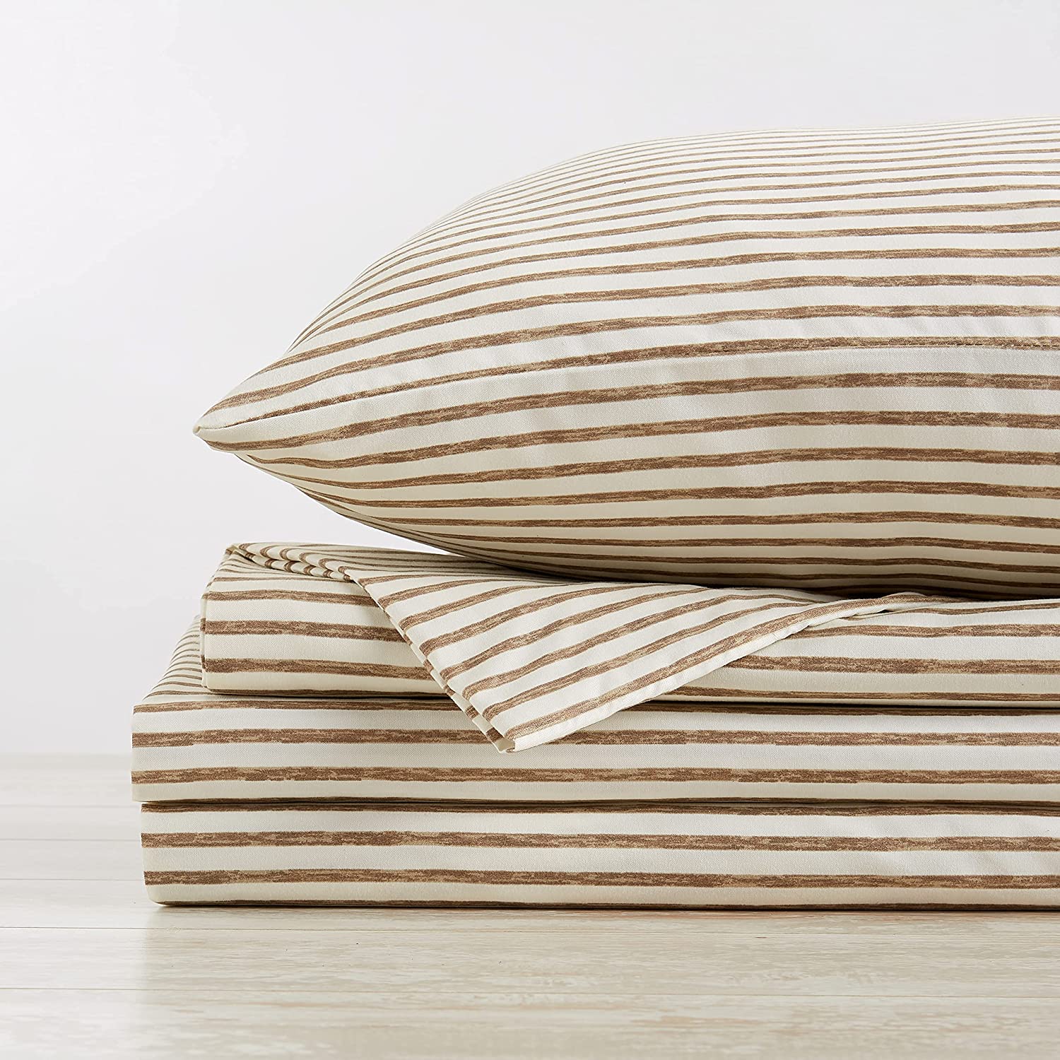 Price:$39.99 Stripe Printed Ultra-Soft Microfiber Sheet Set. Wrinkle Free, Comfortable, All-Season Bed Sheets. Evette Collection (Queen, Taupe) : Home & Kitchen
